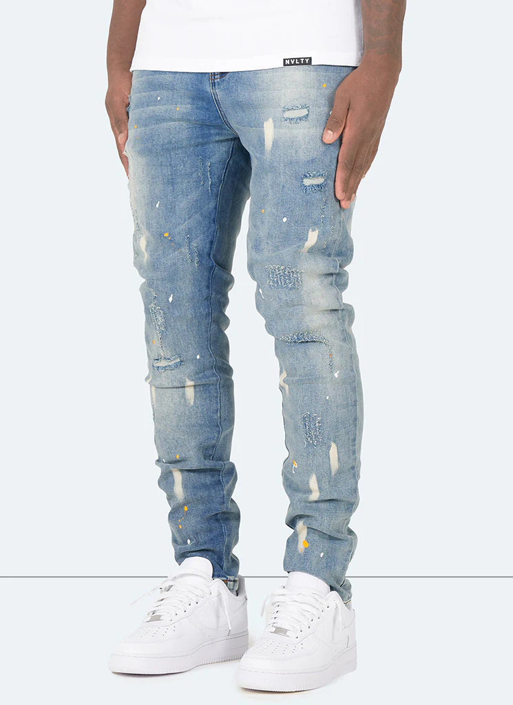 Distressed Paint Jeans - Blue - Image 2