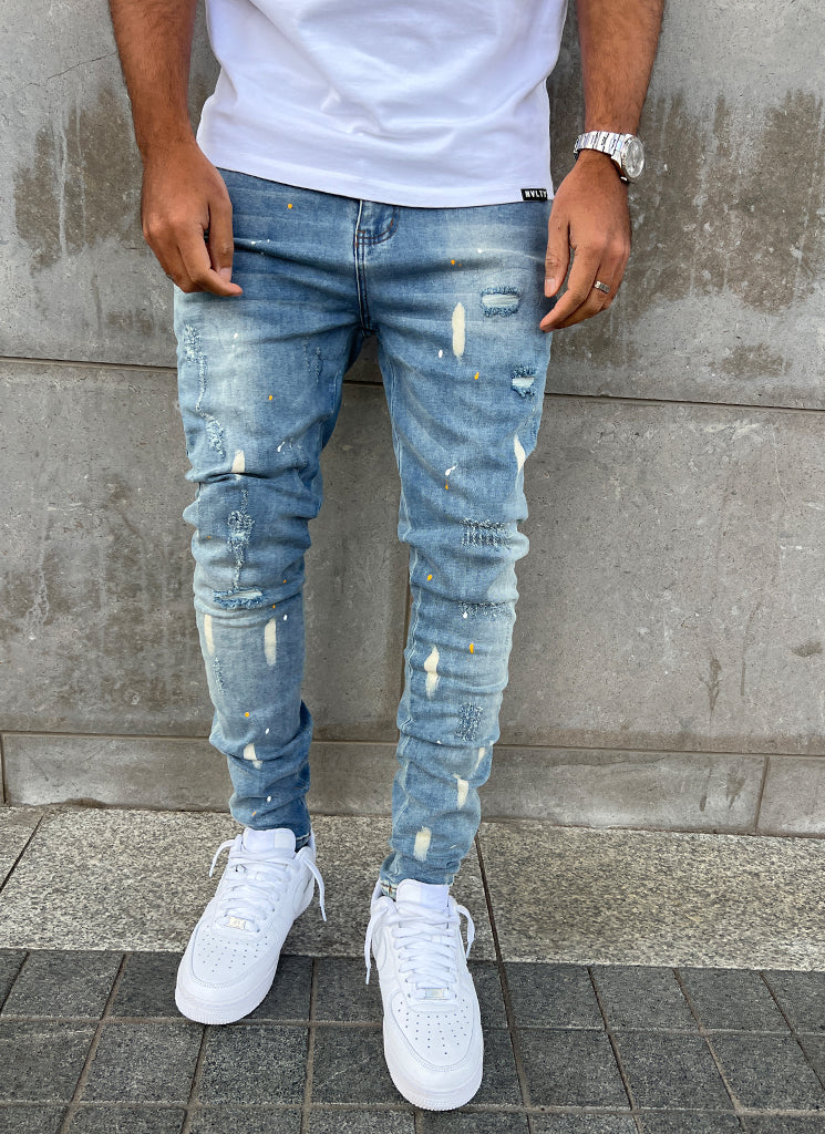 Distressed Paint Jeans - Blue - Image 3