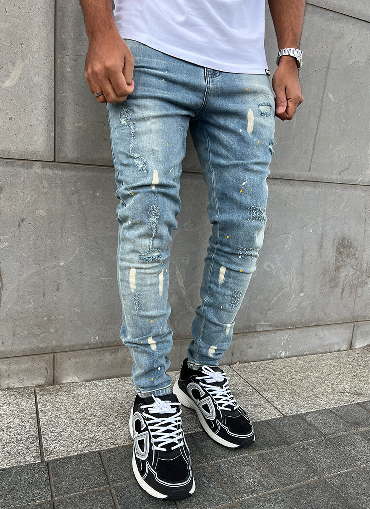 Distressed Paint Jeans - Blue - Image 5