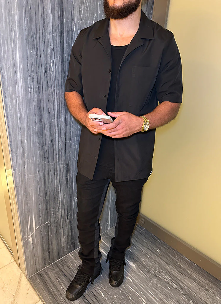 Essential Open Collar Shirt - Black - Image 3