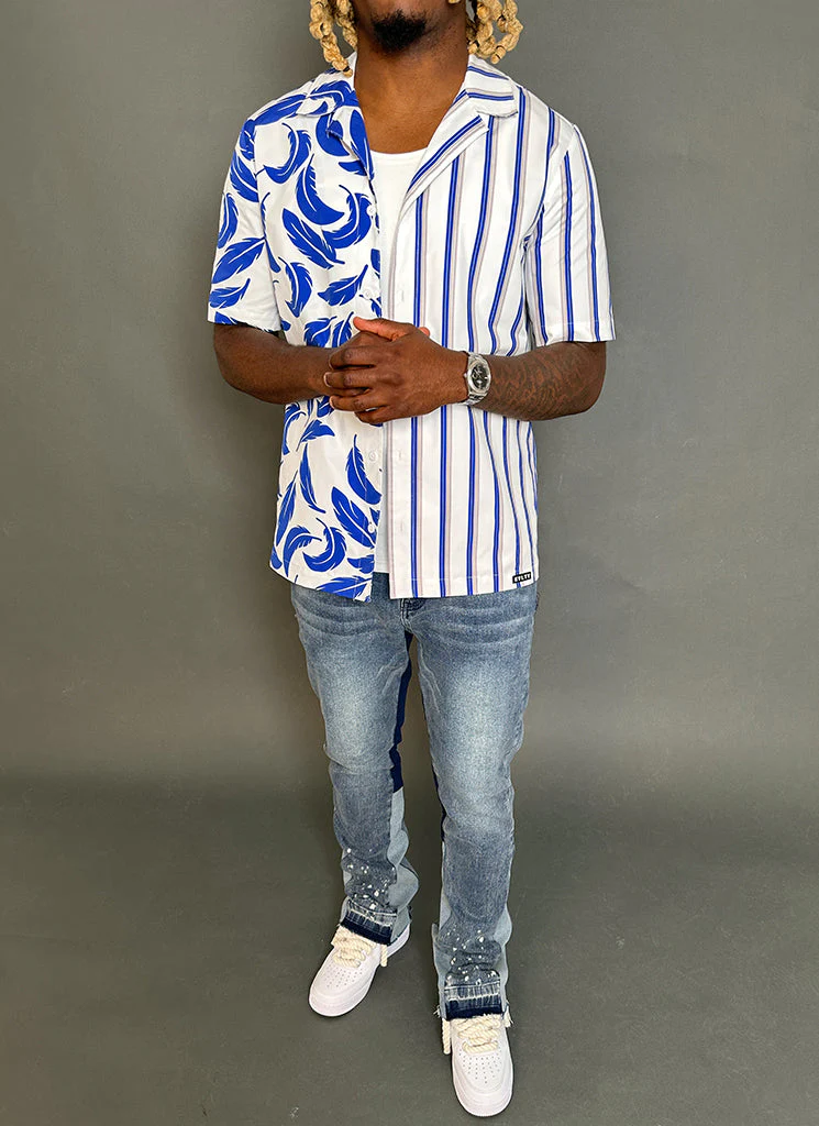 Feather Open Collar Shirt - White/Blue - Image 7