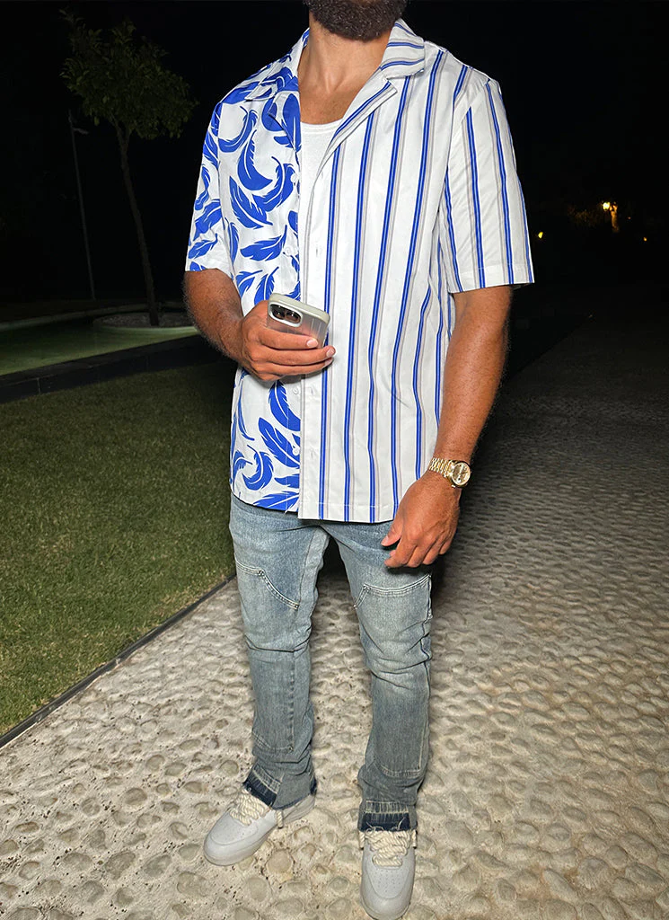 Feather Open Collar Shirt - White/Blue - Image 8