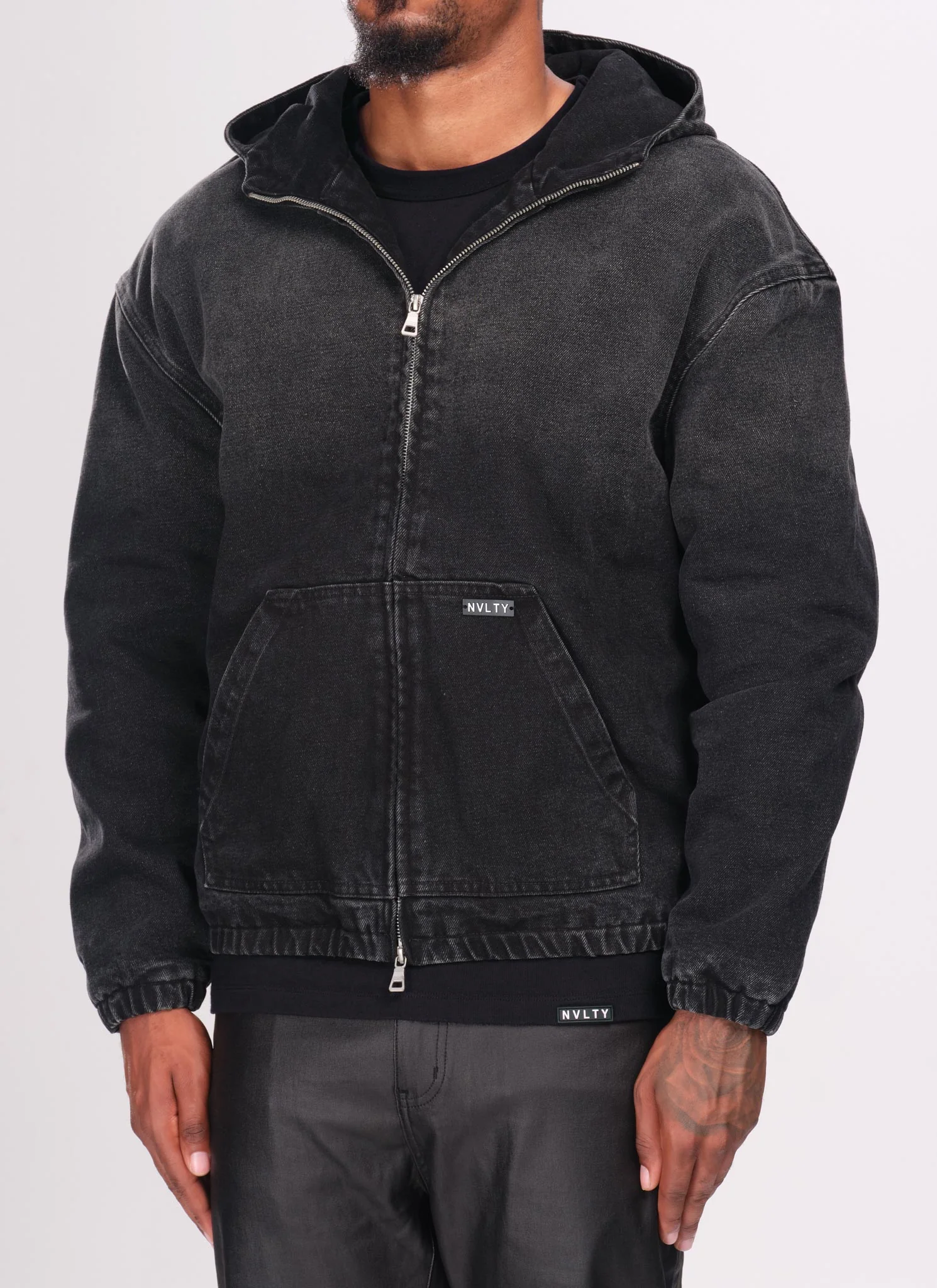 Heavyweight Denim Zip Hoodie - Black - Image 2