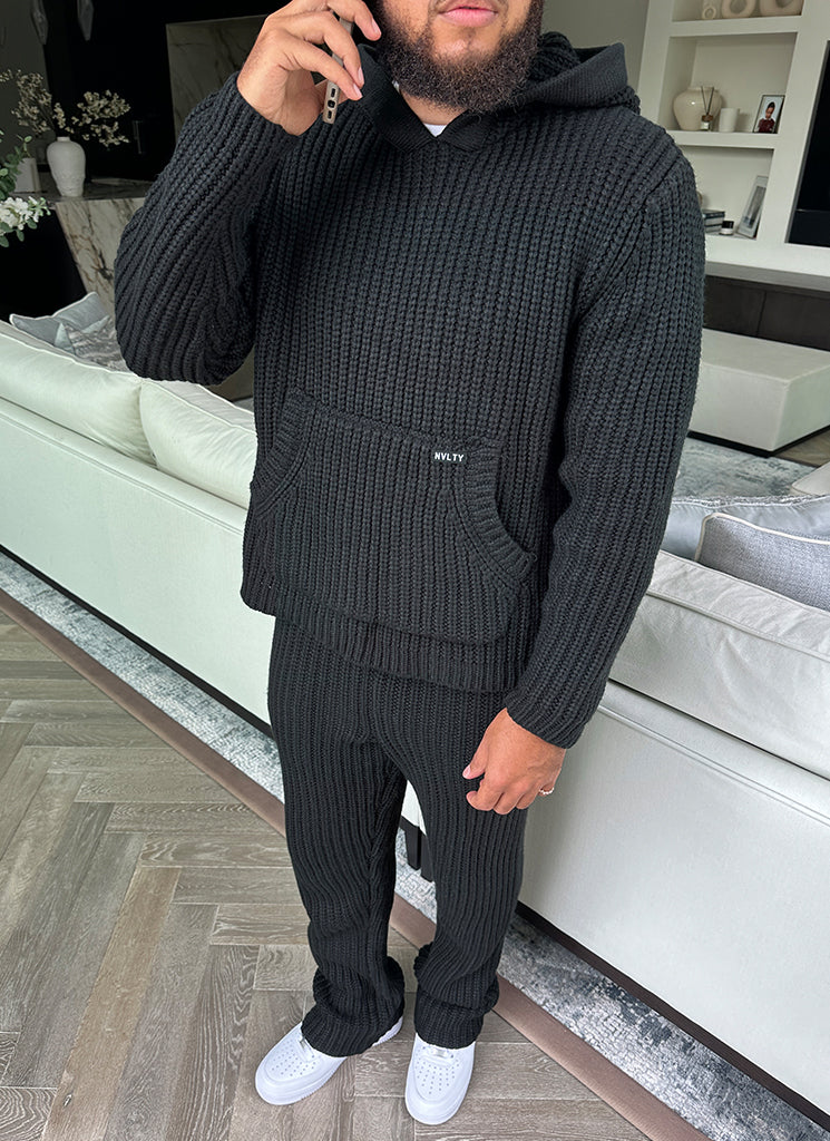 Heavyweight Knitted Hoodie - Black - Image 9