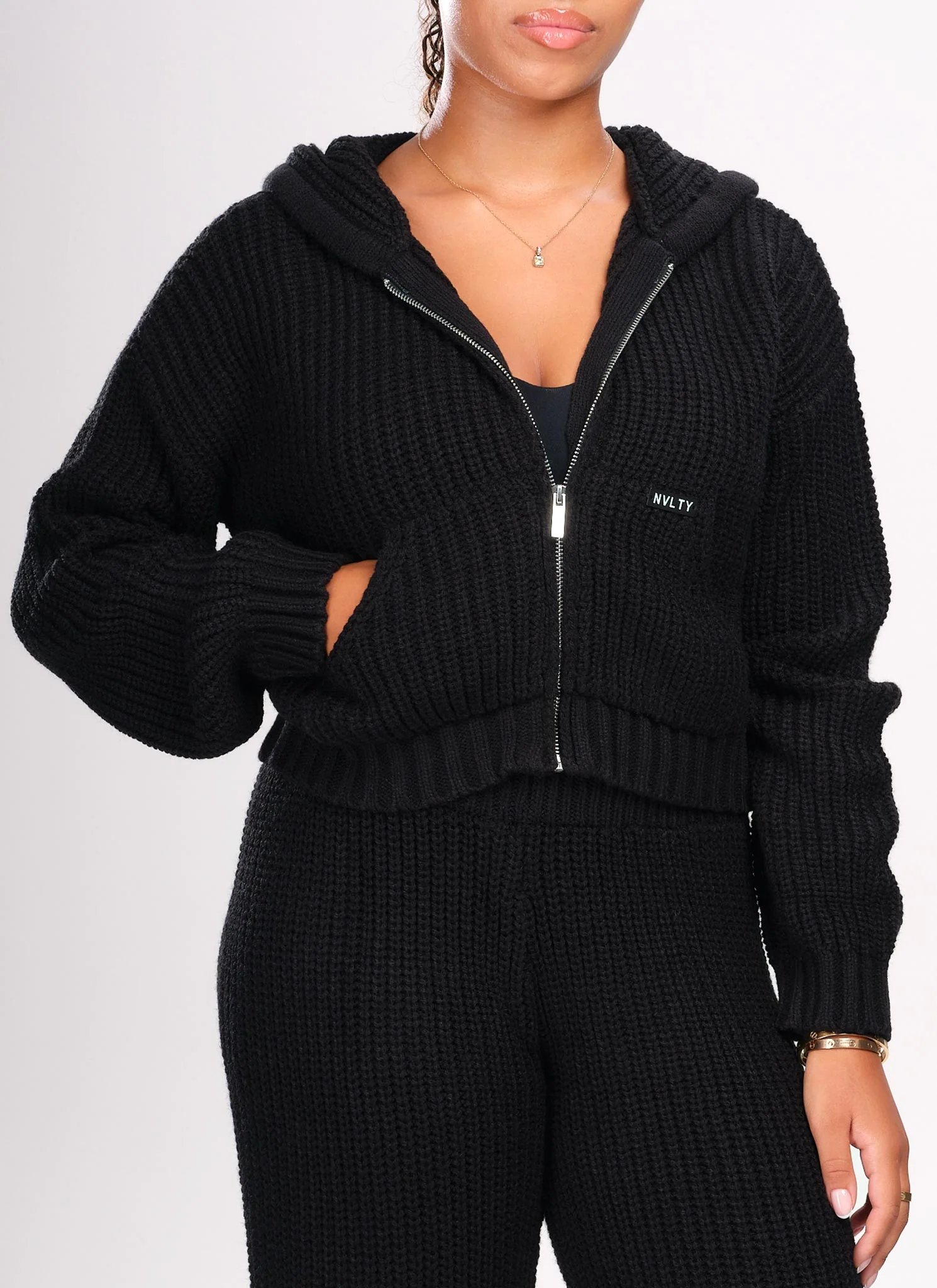 Heavyweight Knitted Zip Hoodie - Black
