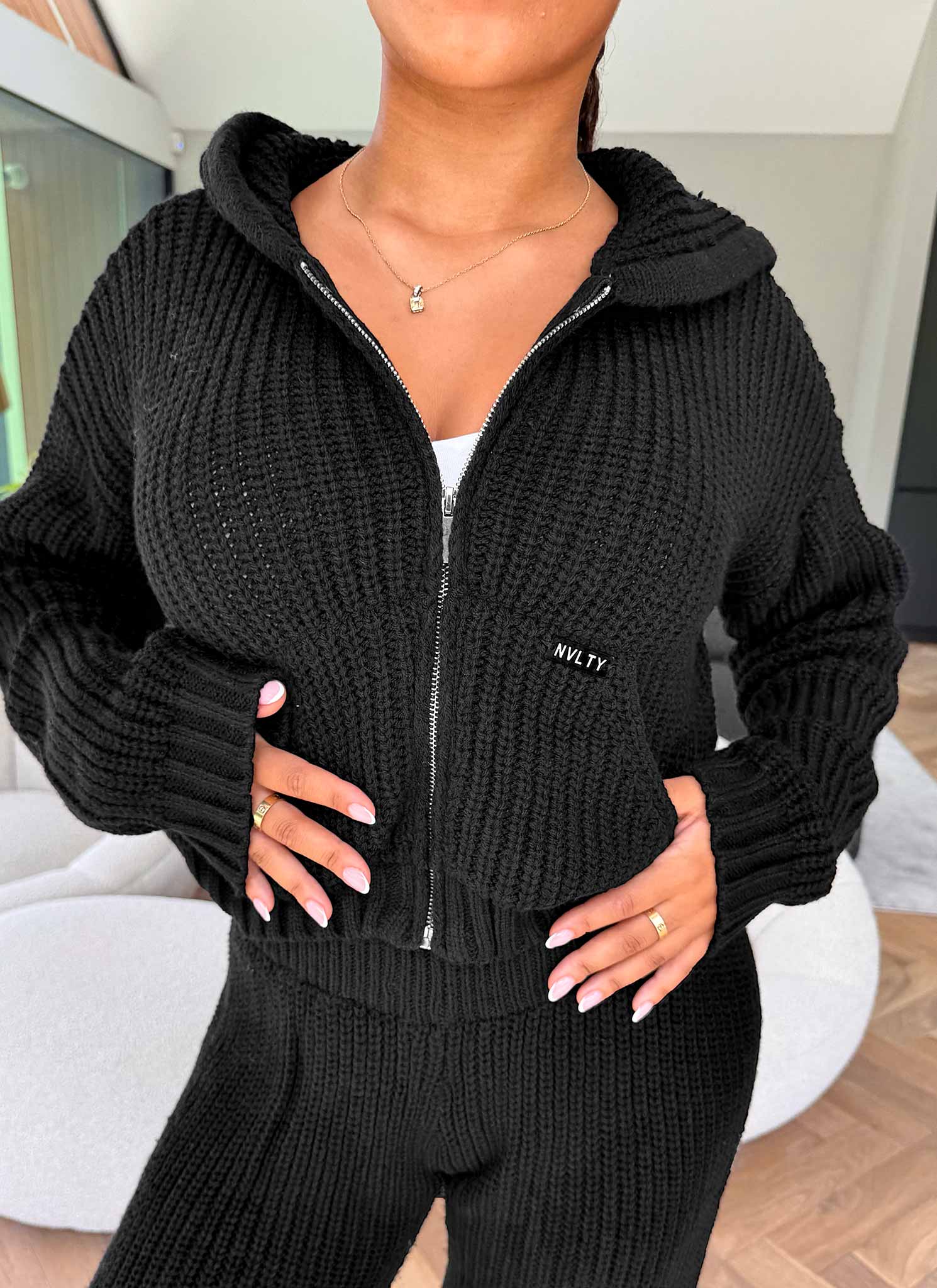 Heavyweight Knitted Zip Hoodie - Black - Image 3