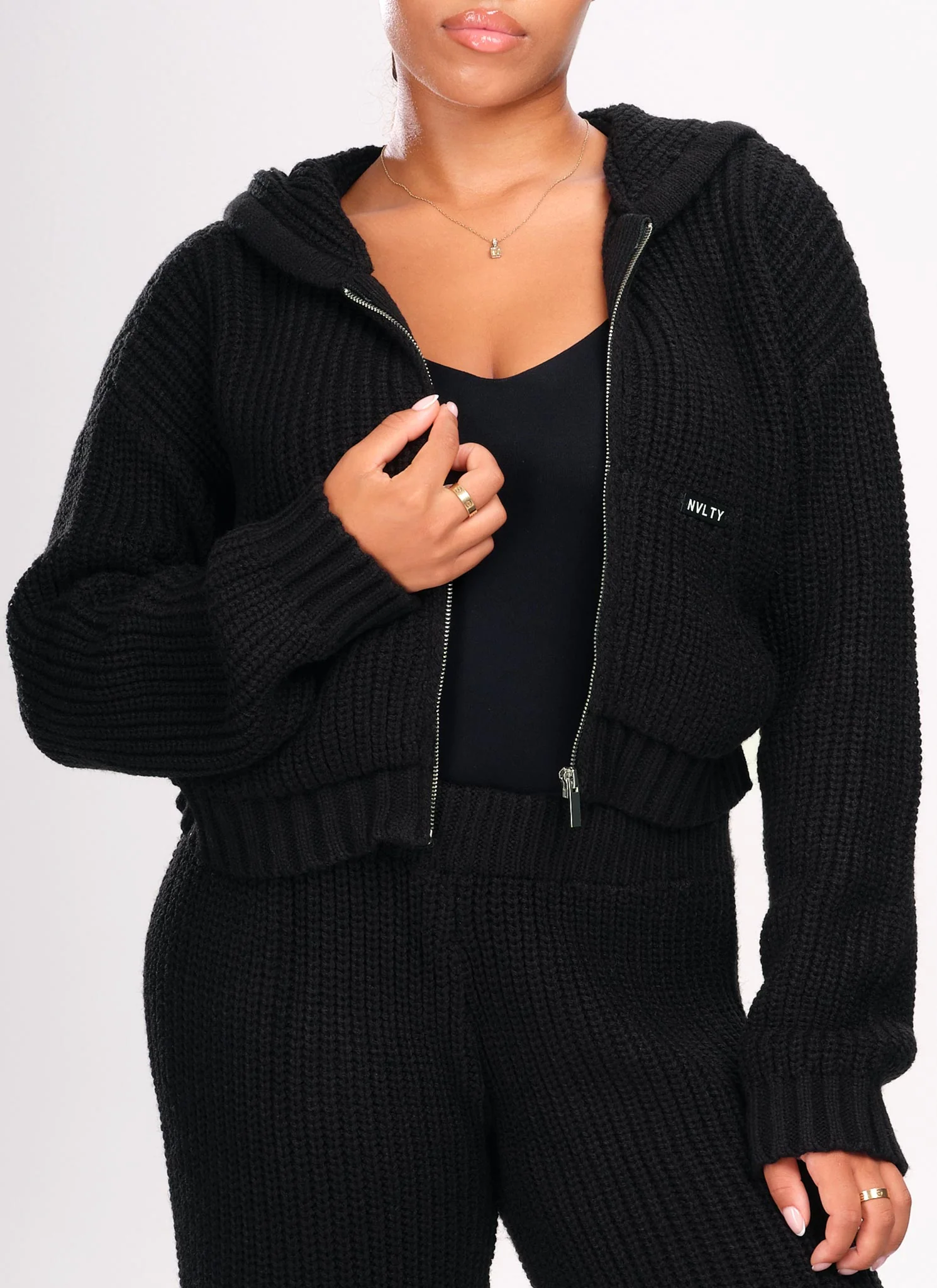 Heavyweight Knitted Zip Hoodie - Black - Image 4