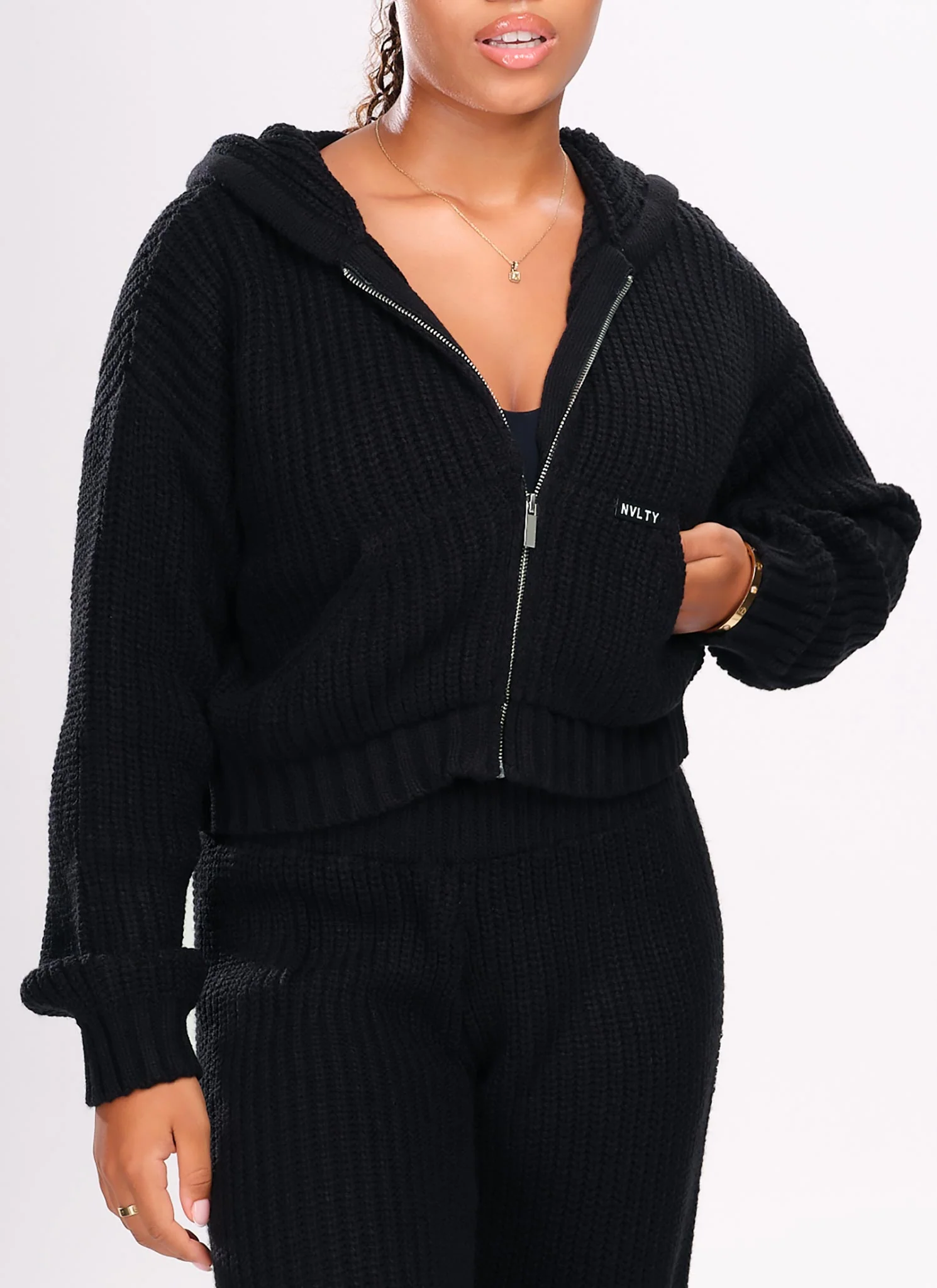 Heavyweight Knitted Zip Hoodie - Black - Image 5
