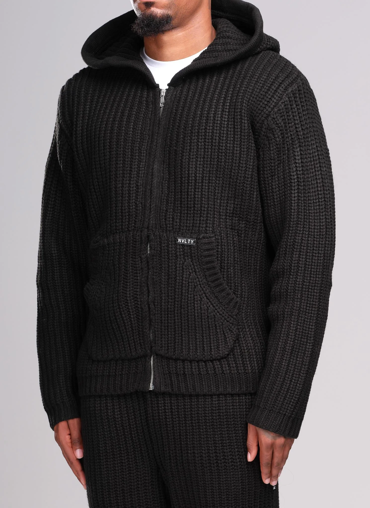 Heavyweight Knitted Zip Hoodie - Black - Image 2