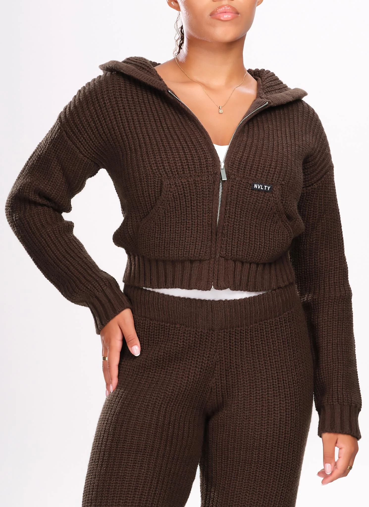 Heavyweight Knitted Zip Hoodie - Brown