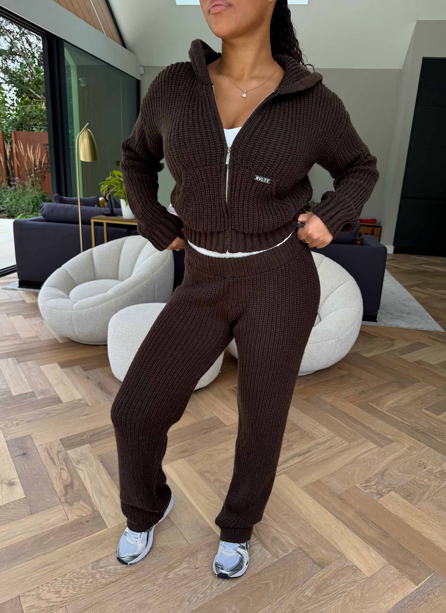 Heavyweight Knitted Zip Hoodie - Brown - Image 11