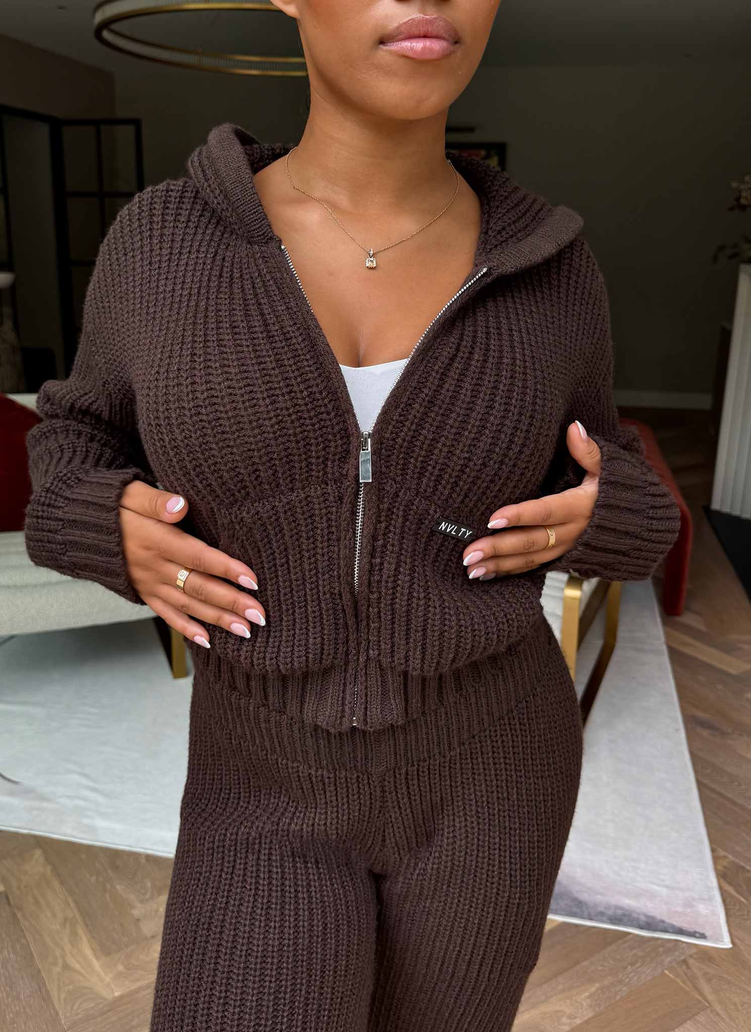 Heavyweight Knitted Zip Hoodie - Brown - Image 3