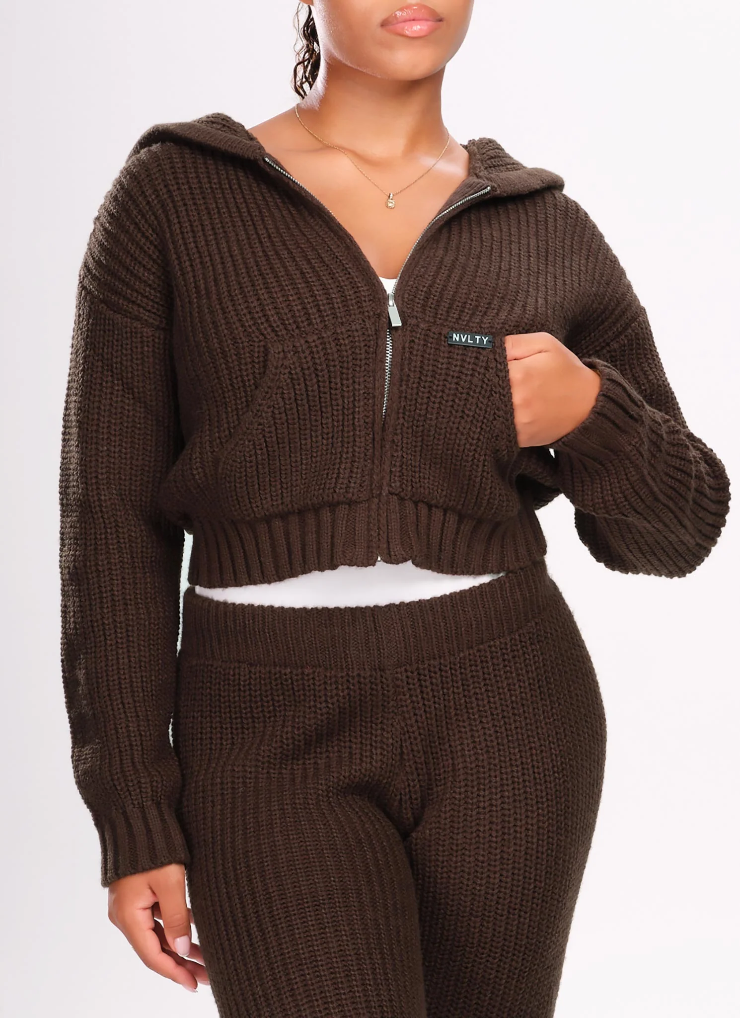 Heavyweight Knitted Zip Hoodie - Brown - Image 4