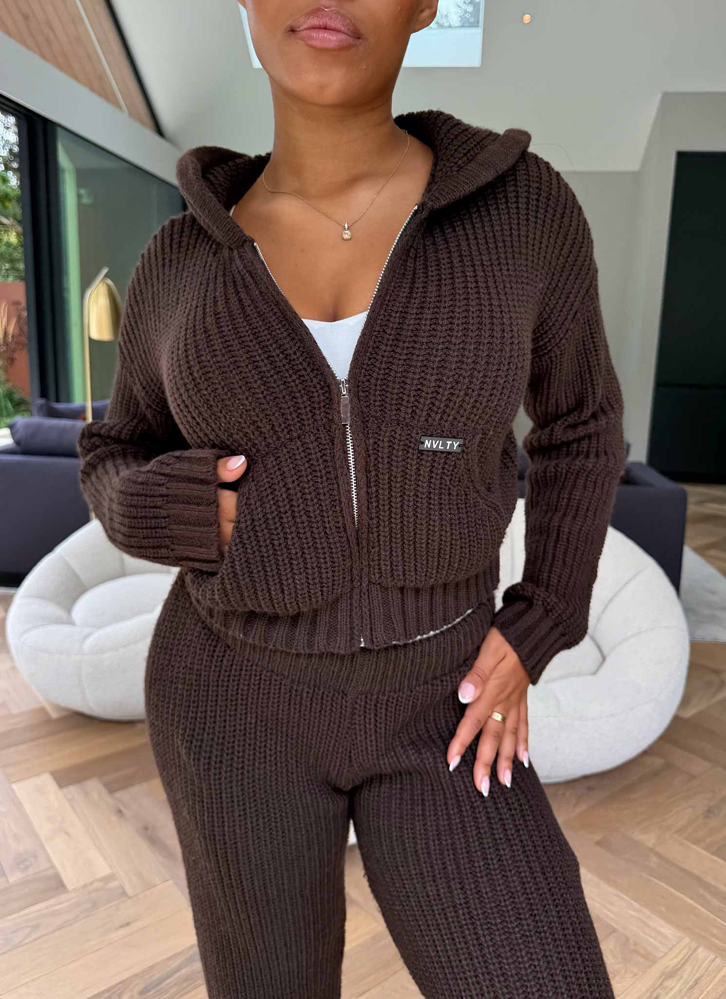 Heavyweight Knitted Zip Hoodie - Brown - Image 5