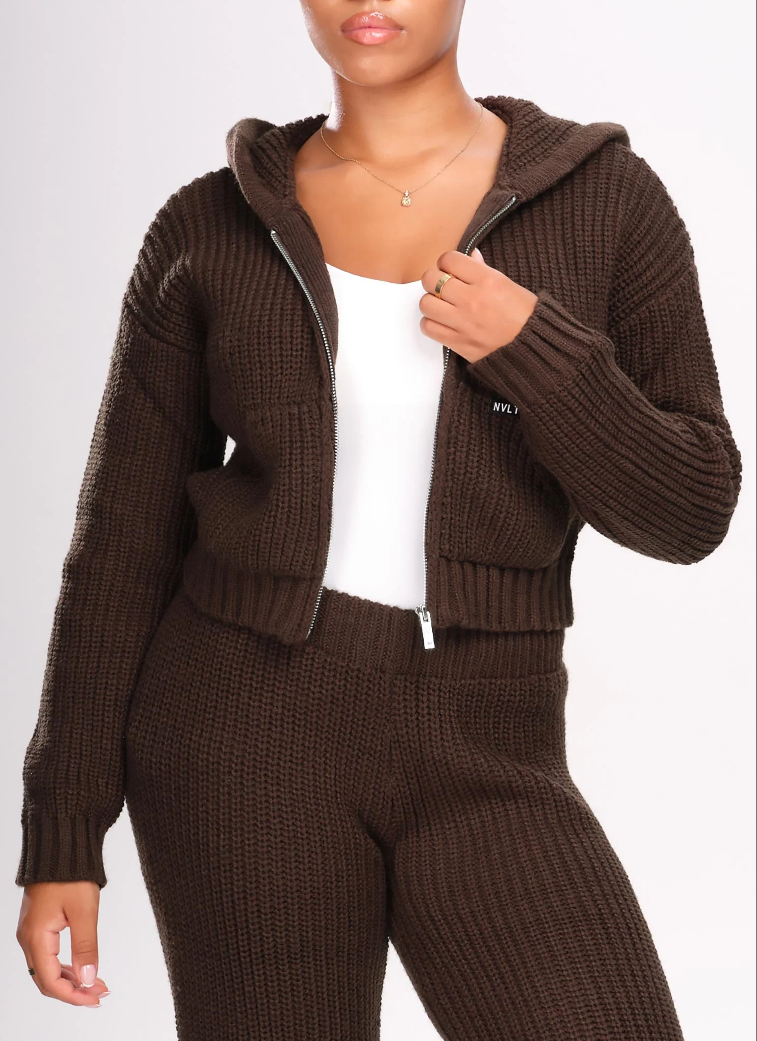 Heavyweight Knitted Zip Hoodie - Brown - Image 6