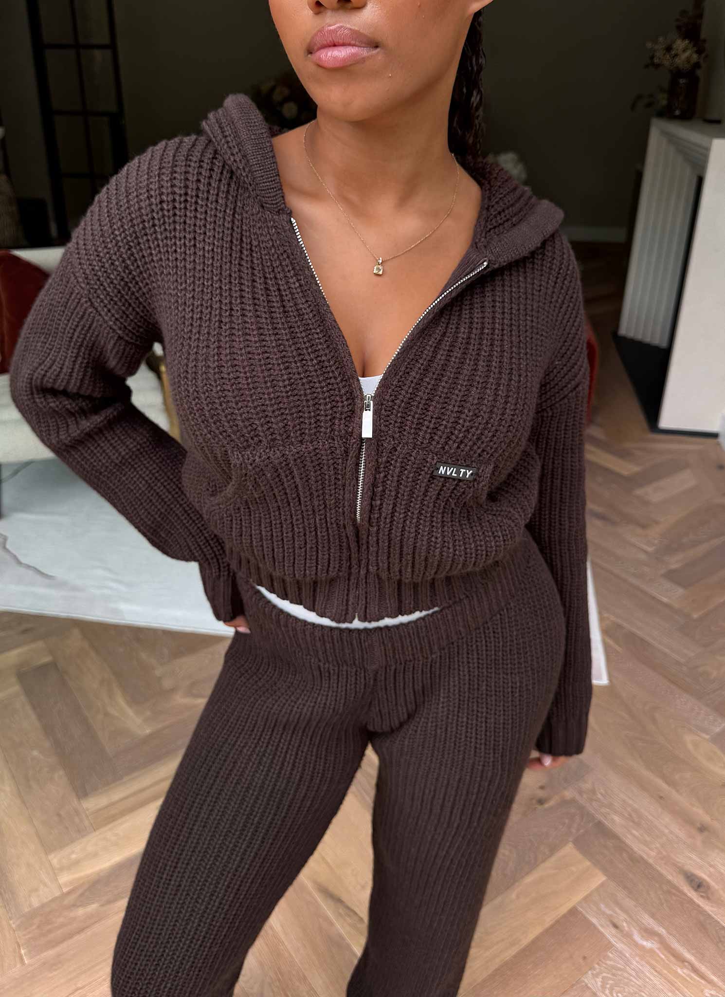 Heavyweight Knitted Zip Hoodie - Brown - Image 9