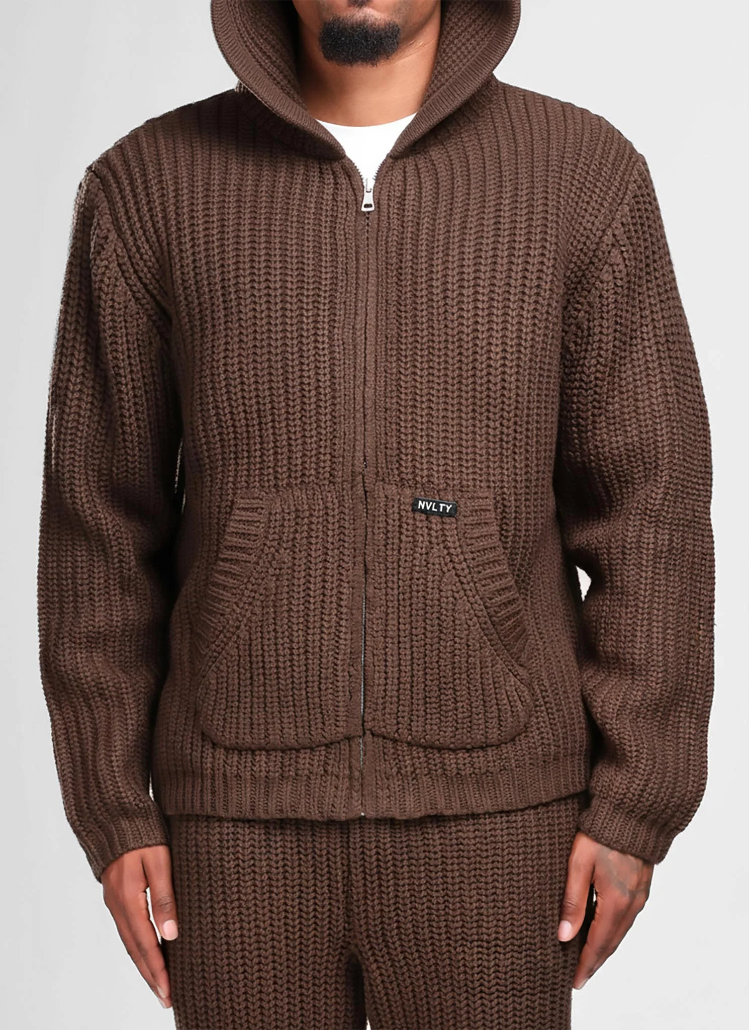 Heavyweight Knitted Zip Hoodie - Brown
