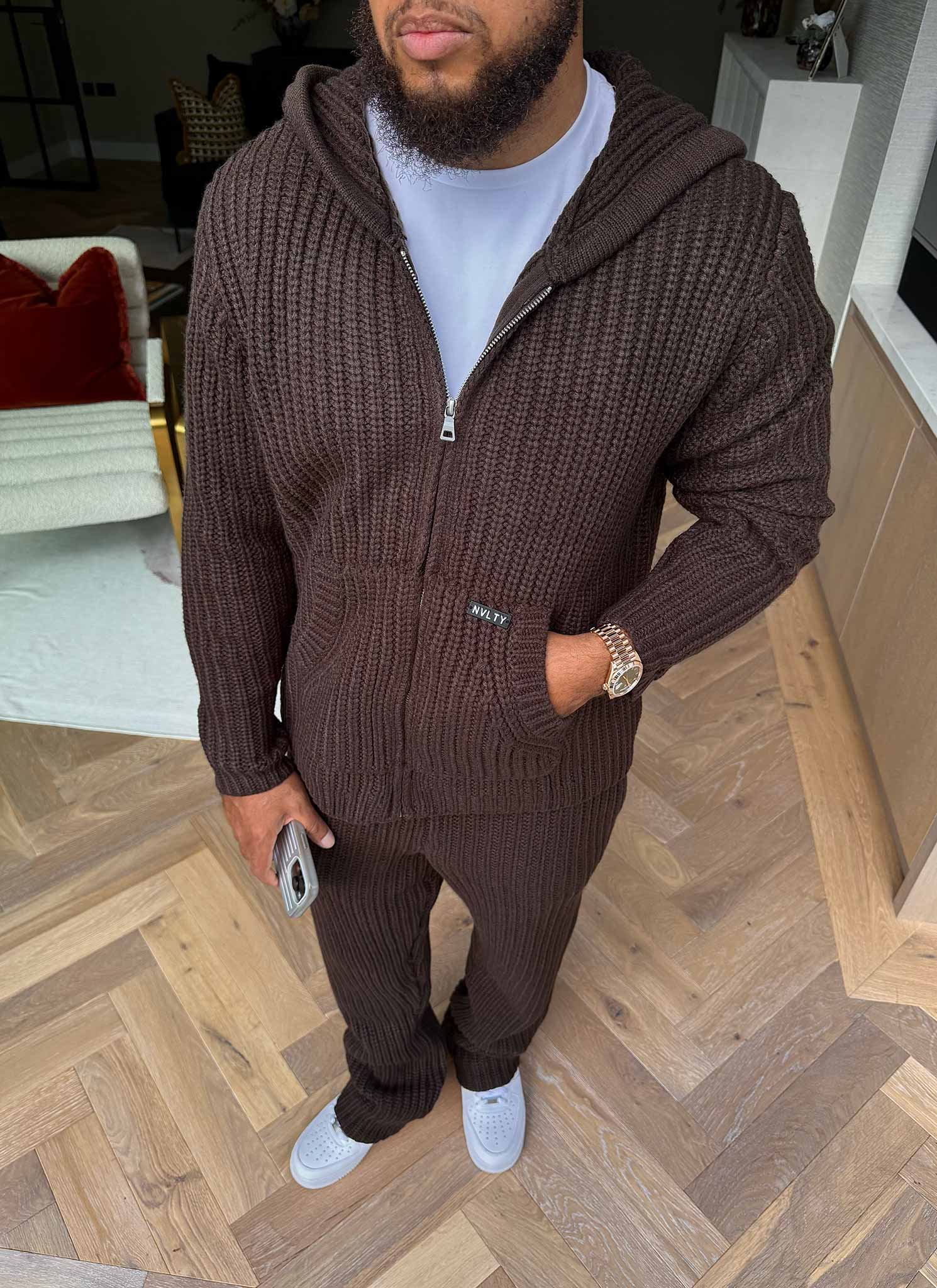 Heavyweight Knitted Zip Hoodie - Brown - Image 10