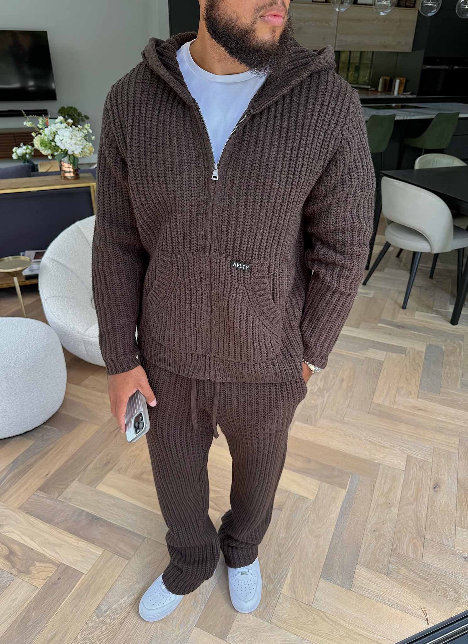 Heavyweight Knitted Zip Hoodie - Brown - Image 11
