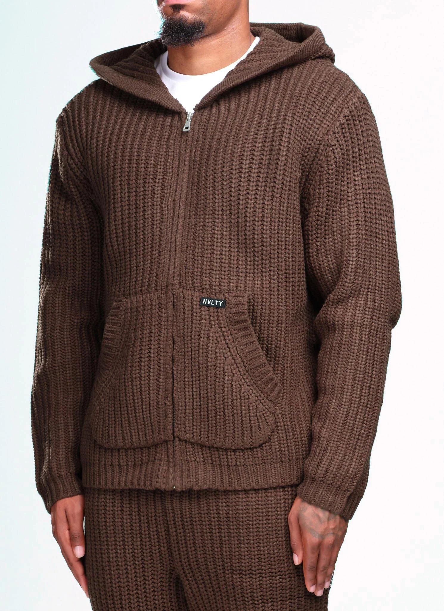 Heavyweight Knitted Zip Hoodie - Brown - Image 2
