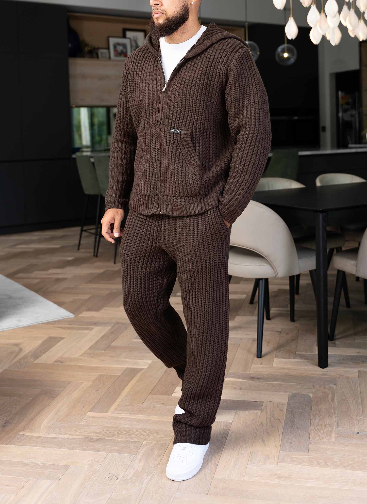 Heavyweight Knitted Zip Hoodie - Brown - Image 3