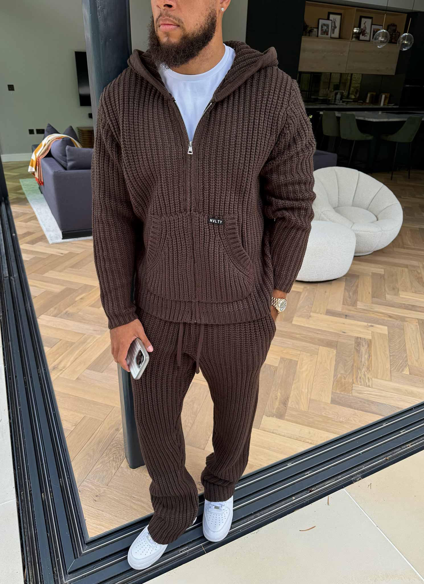Heavyweight Knitted Zip Hoodie - Brown - Image 5