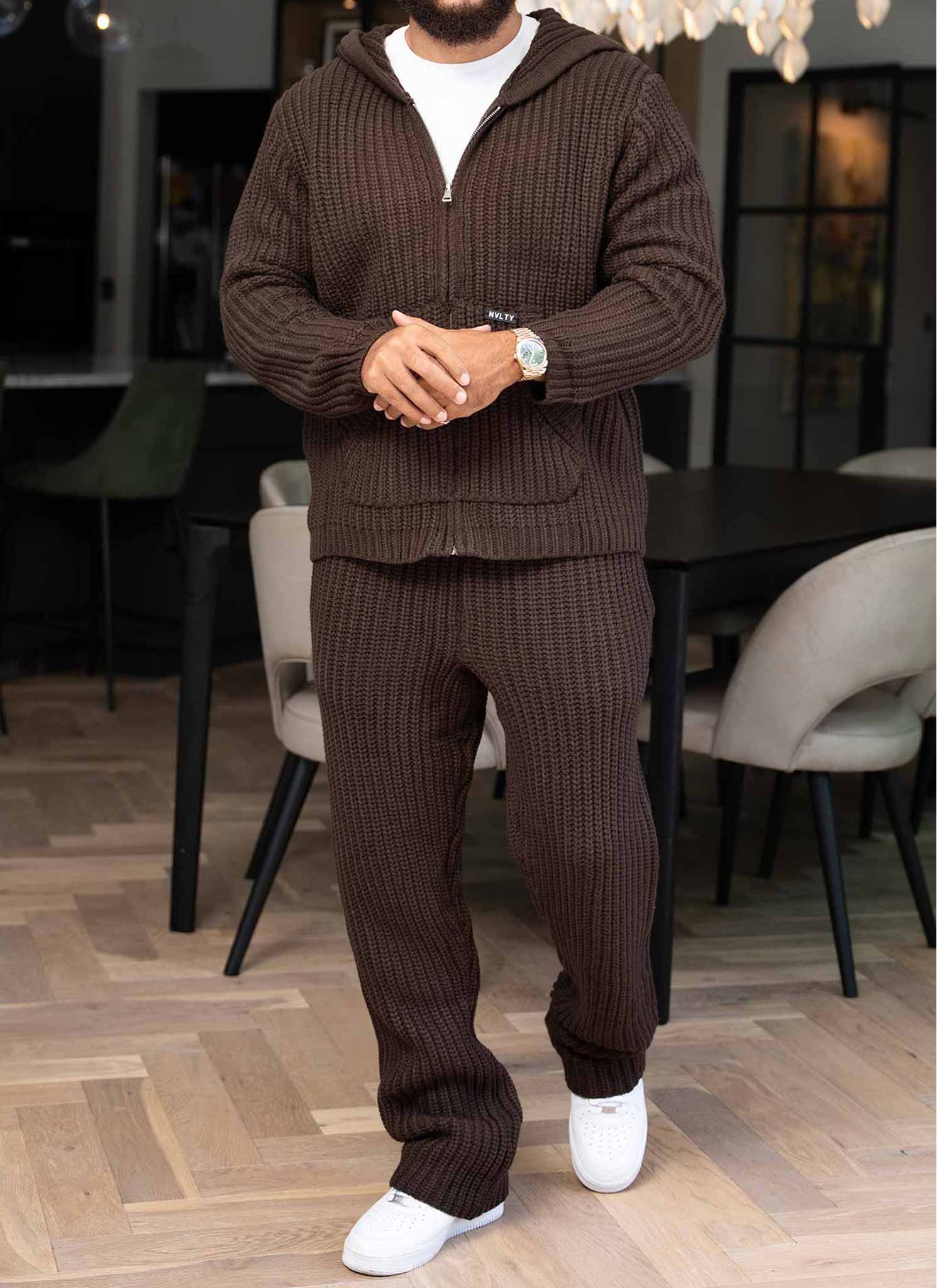 Heavyweight Knitted Zip Hoodie - Brown - Image 7