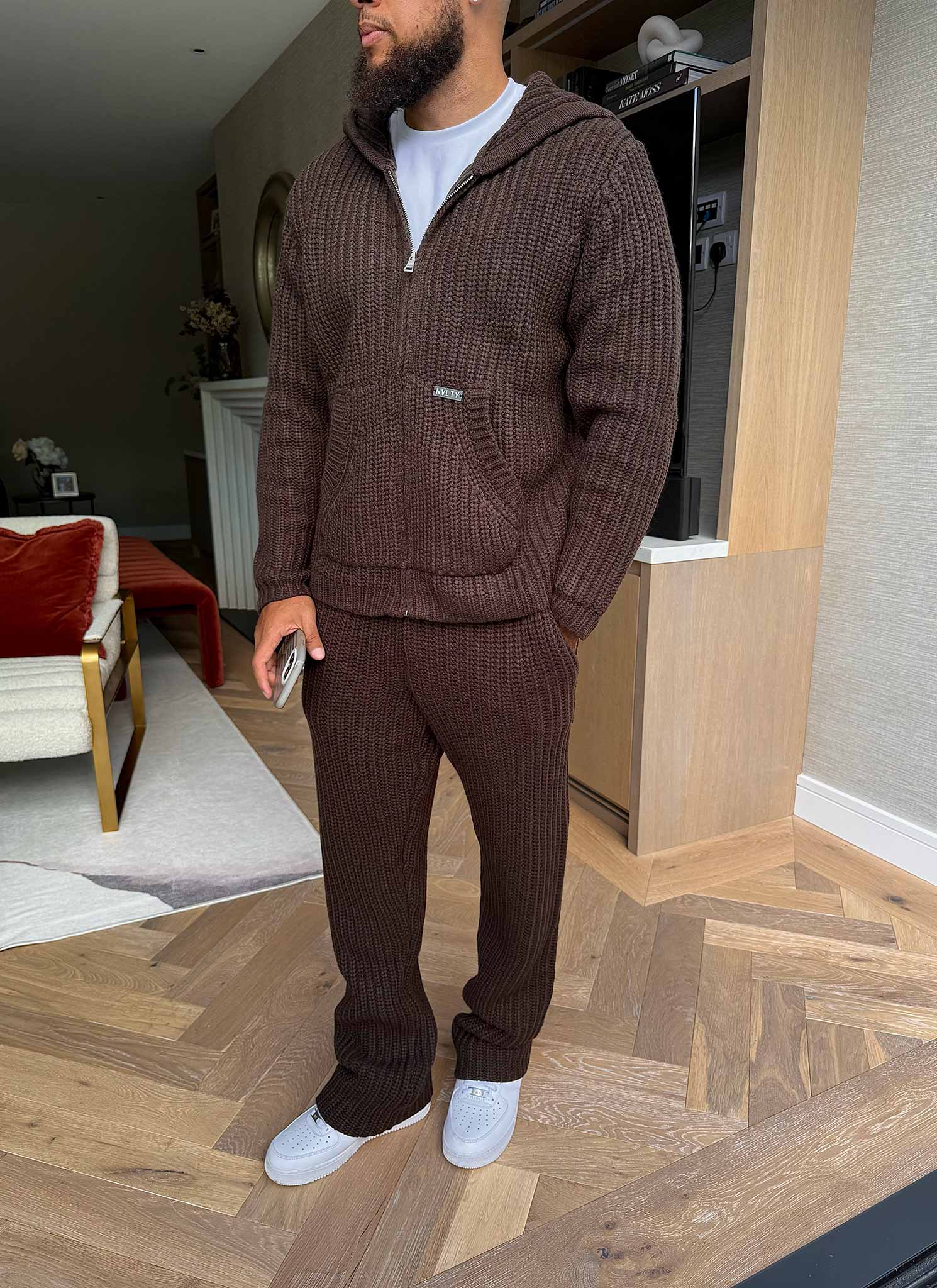 Heavyweight Knitted Zip Hoodie - Brown - Image 9