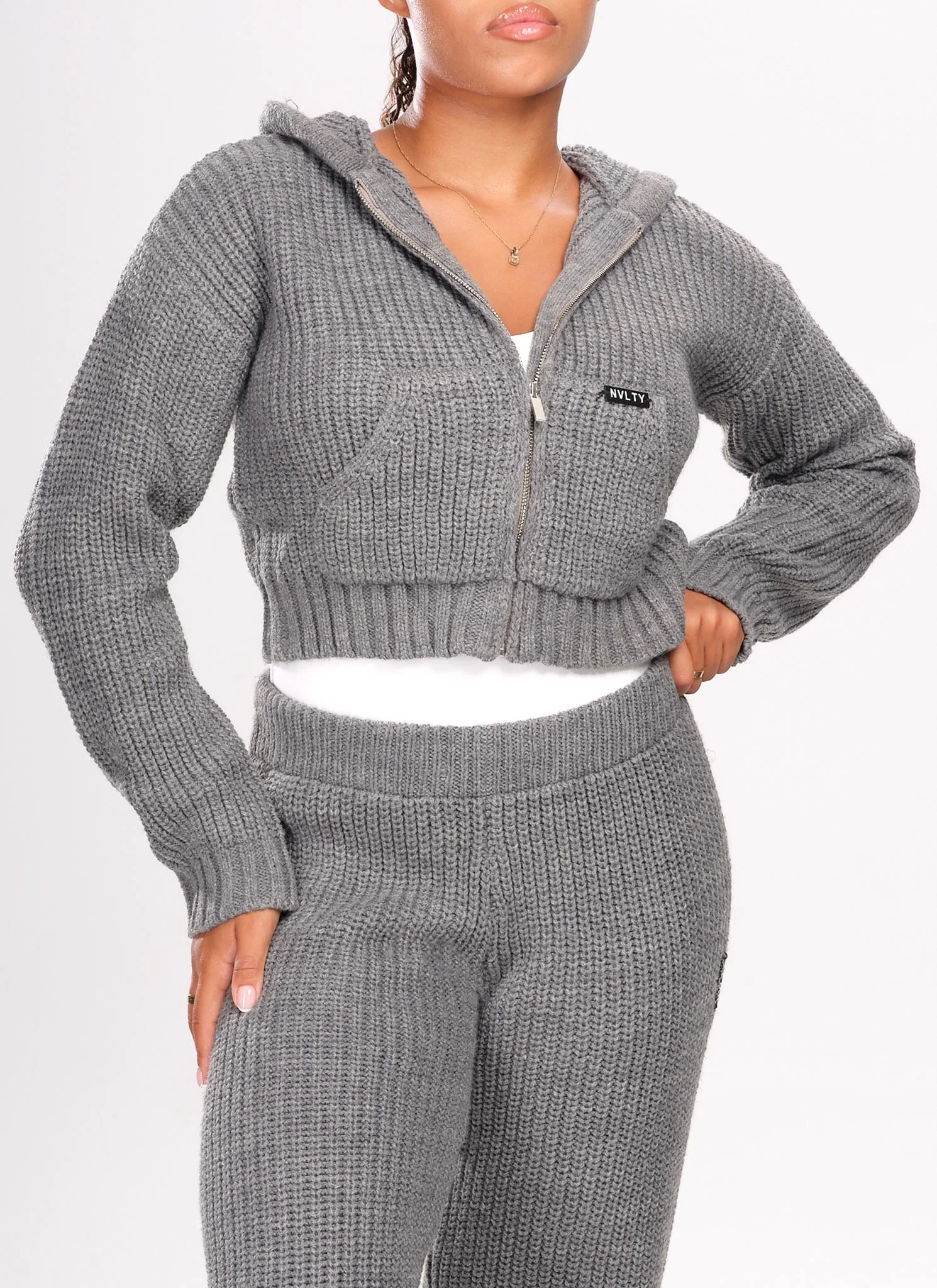 Heavyweight Knitted Zip Hoodie - Grey