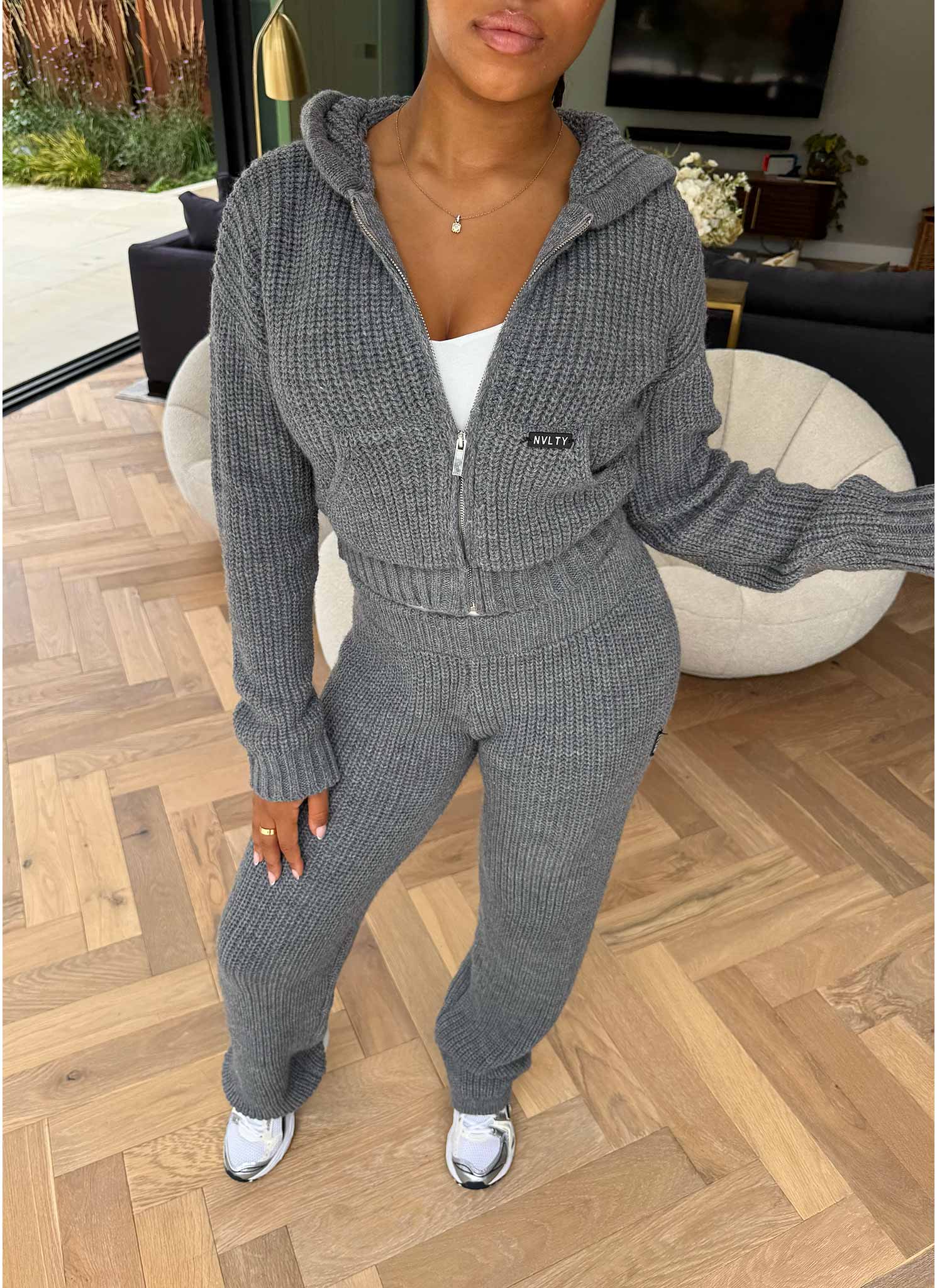 Heavyweight Knitted Zip Hoodie - Grey - Image 11
