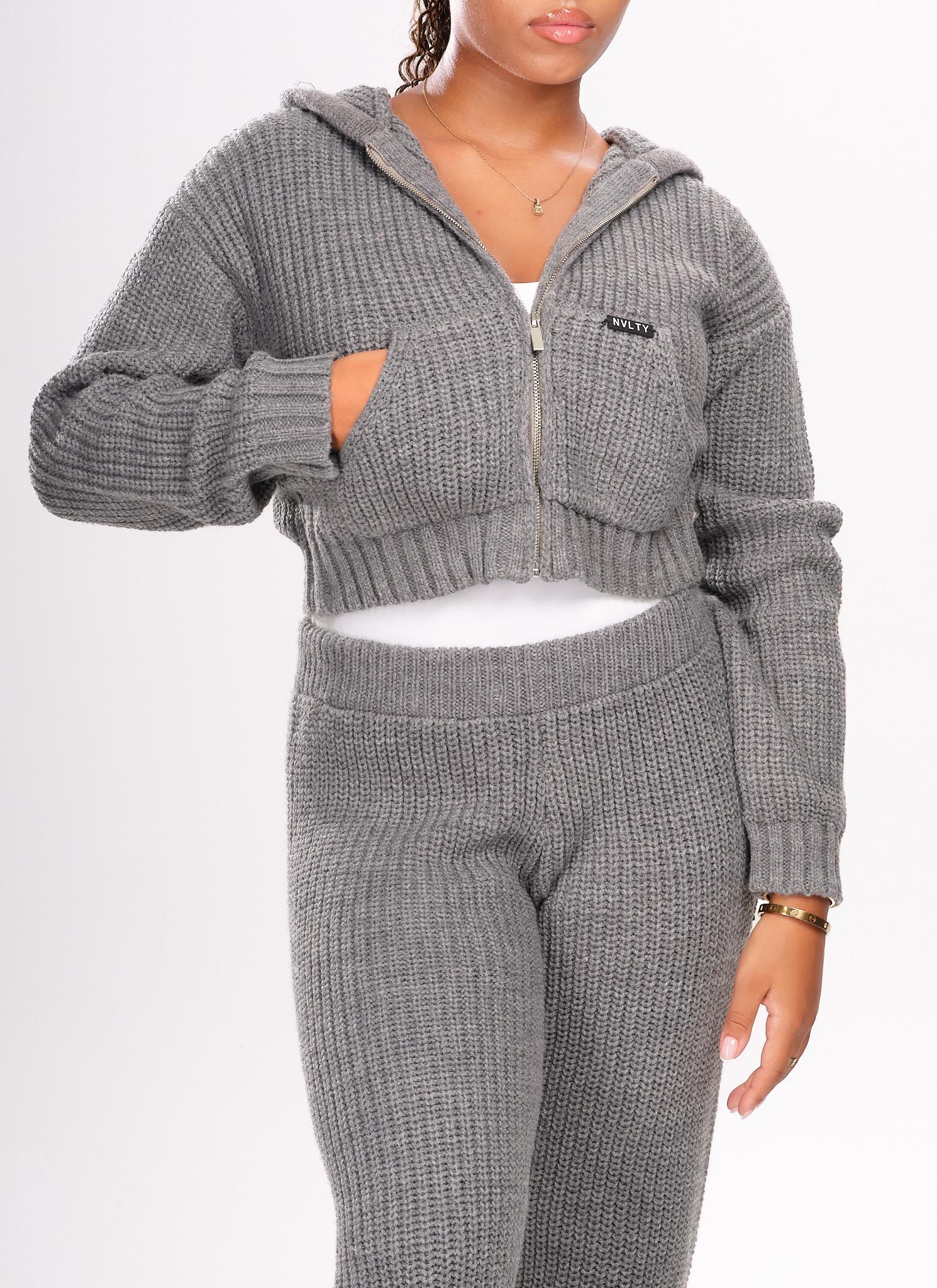 Heavyweight Knitted Zip Hoodie - Grey - Image 2