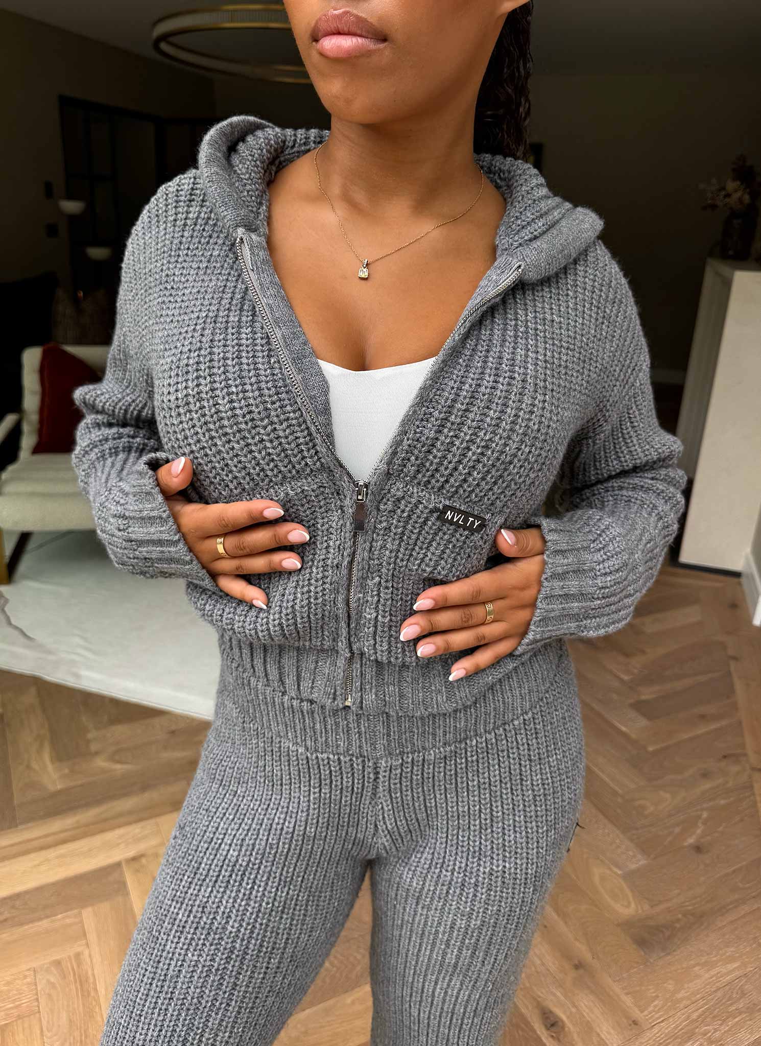 Heavyweight Knitted Zip Hoodie - Grey - Image 3