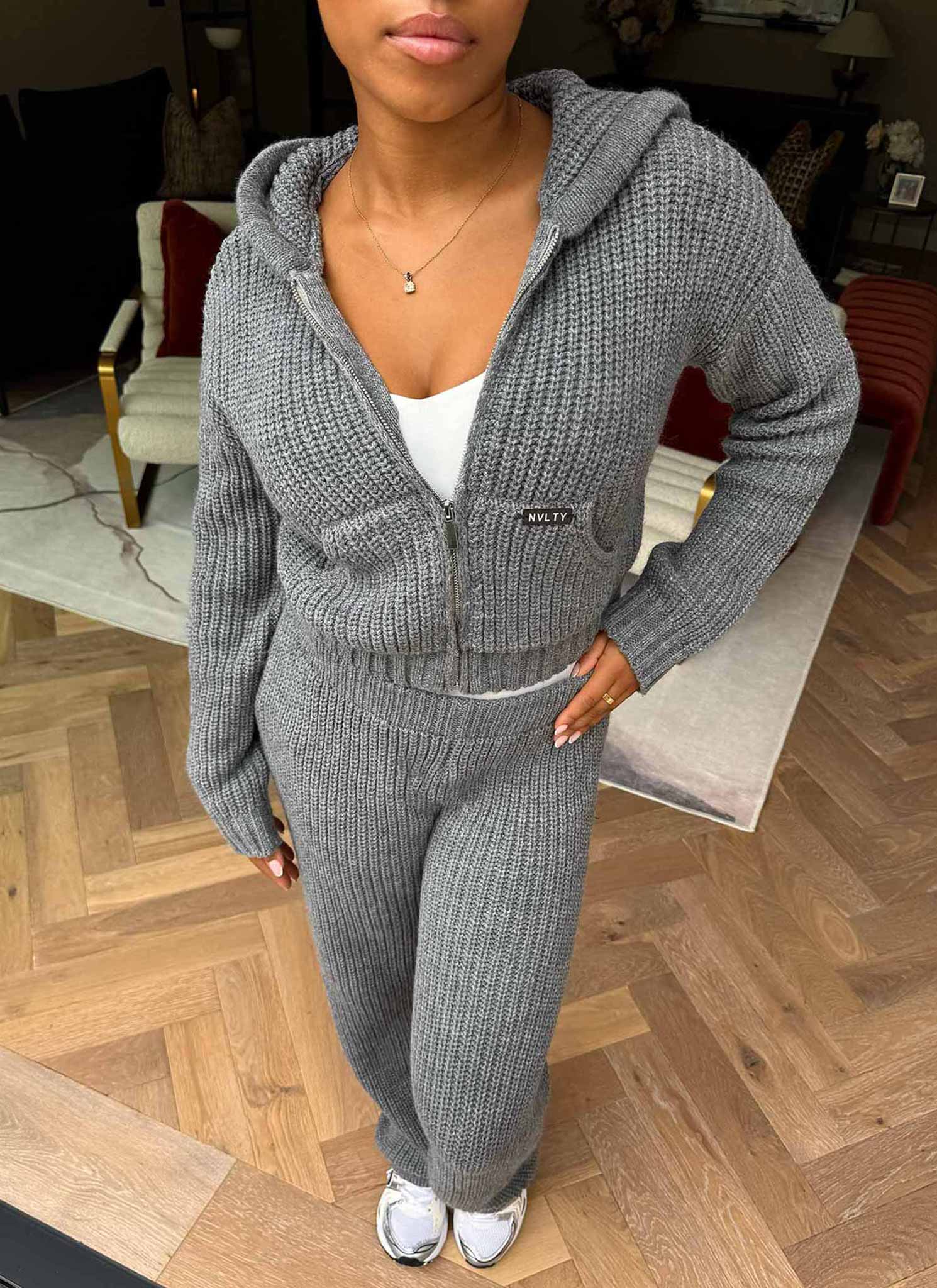 Heavyweight Knitted Zip Hoodie - Grey - Image 7