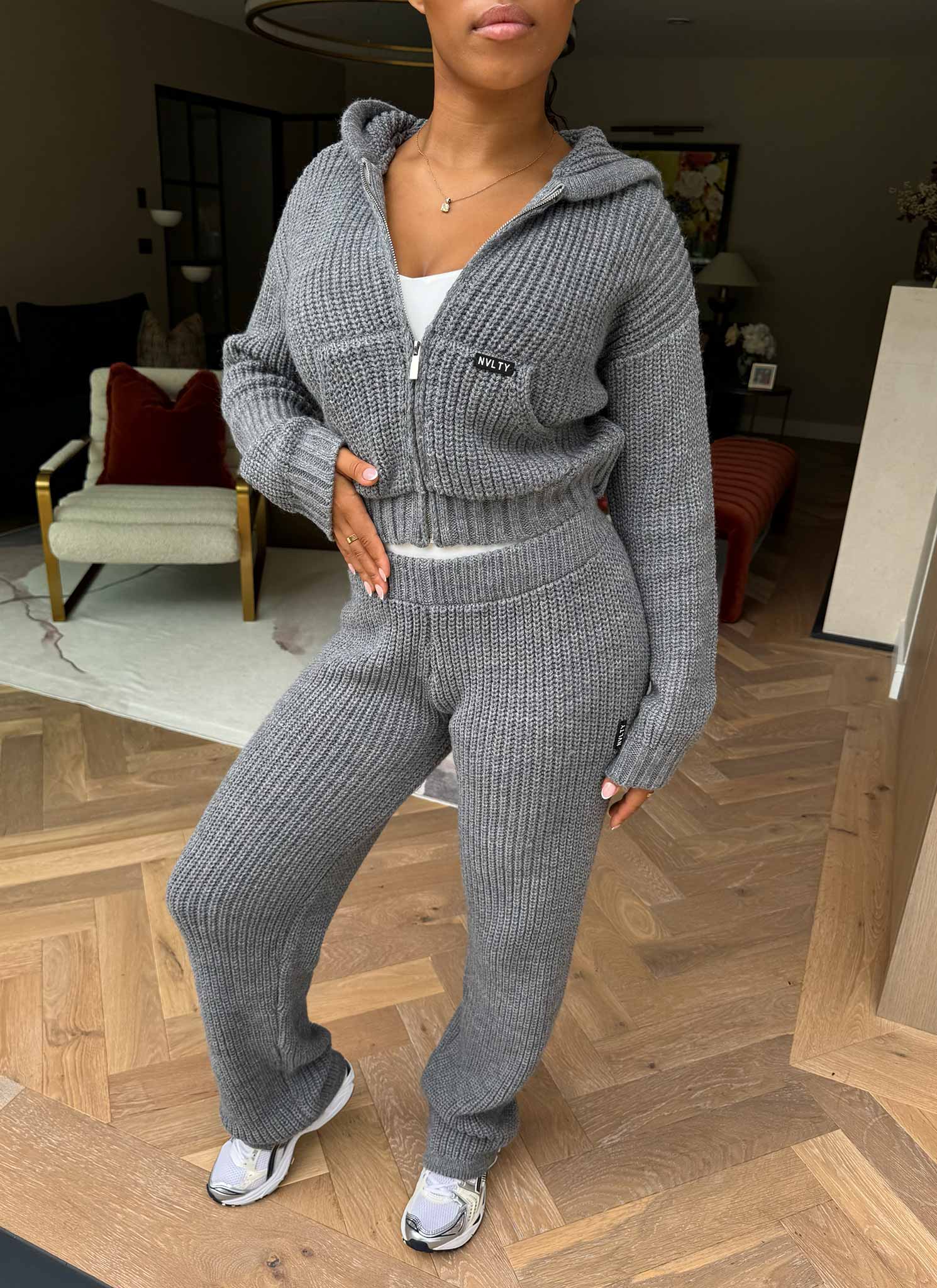 Heavyweight Knitted Zip Hoodie - Grey - Image 8