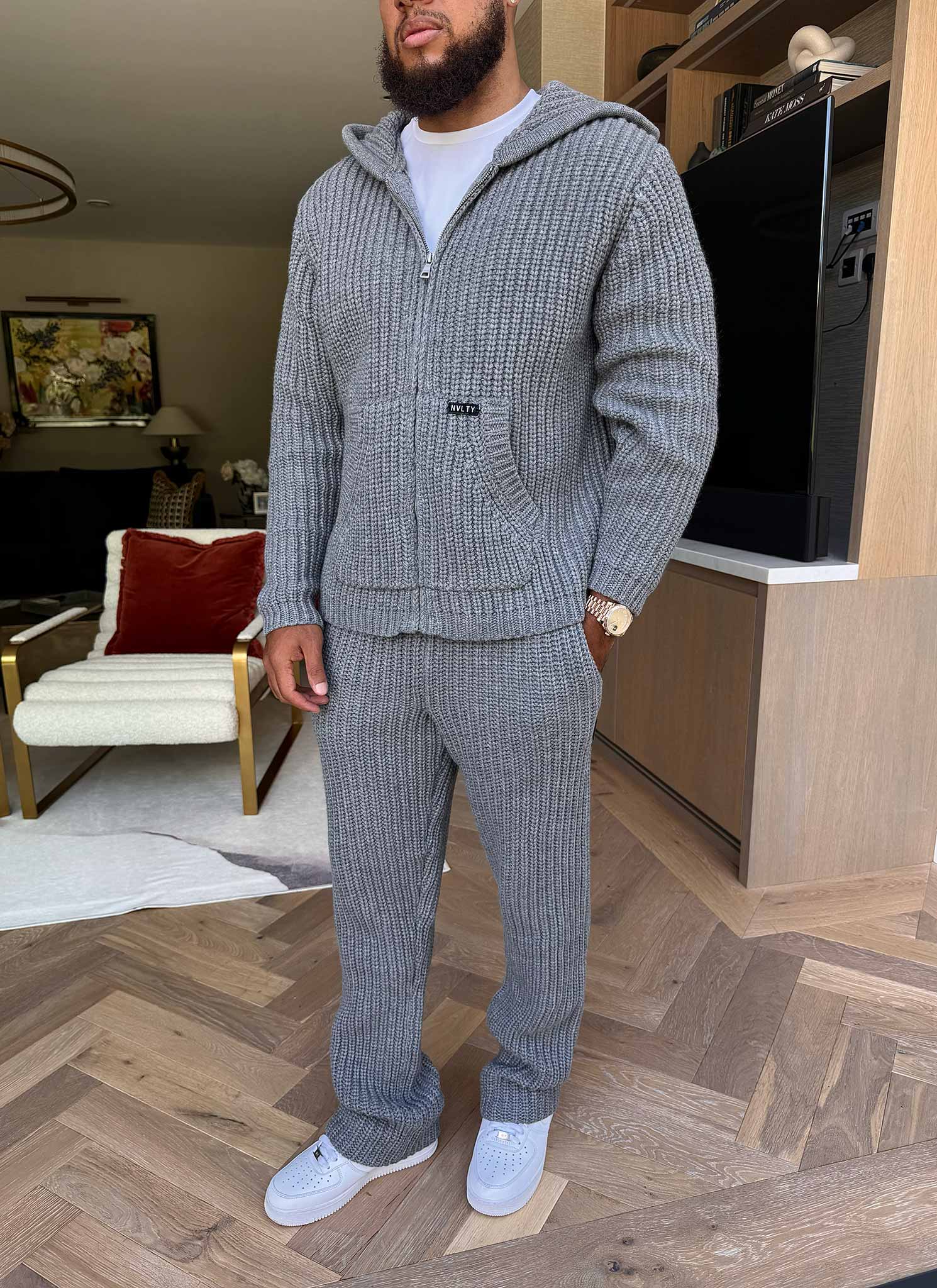 Heavyweight Knitted Zip Hoodie - Grey - Image 12