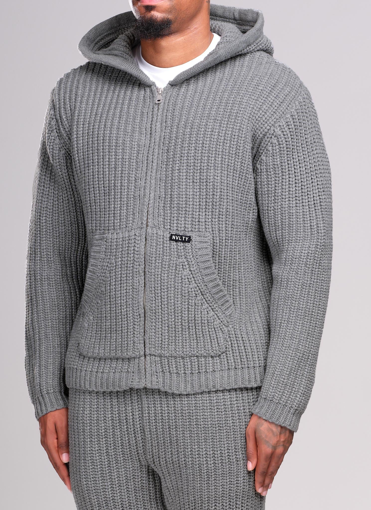 Heavyweight Knitted Zip Hoodie - Grey - Image 2