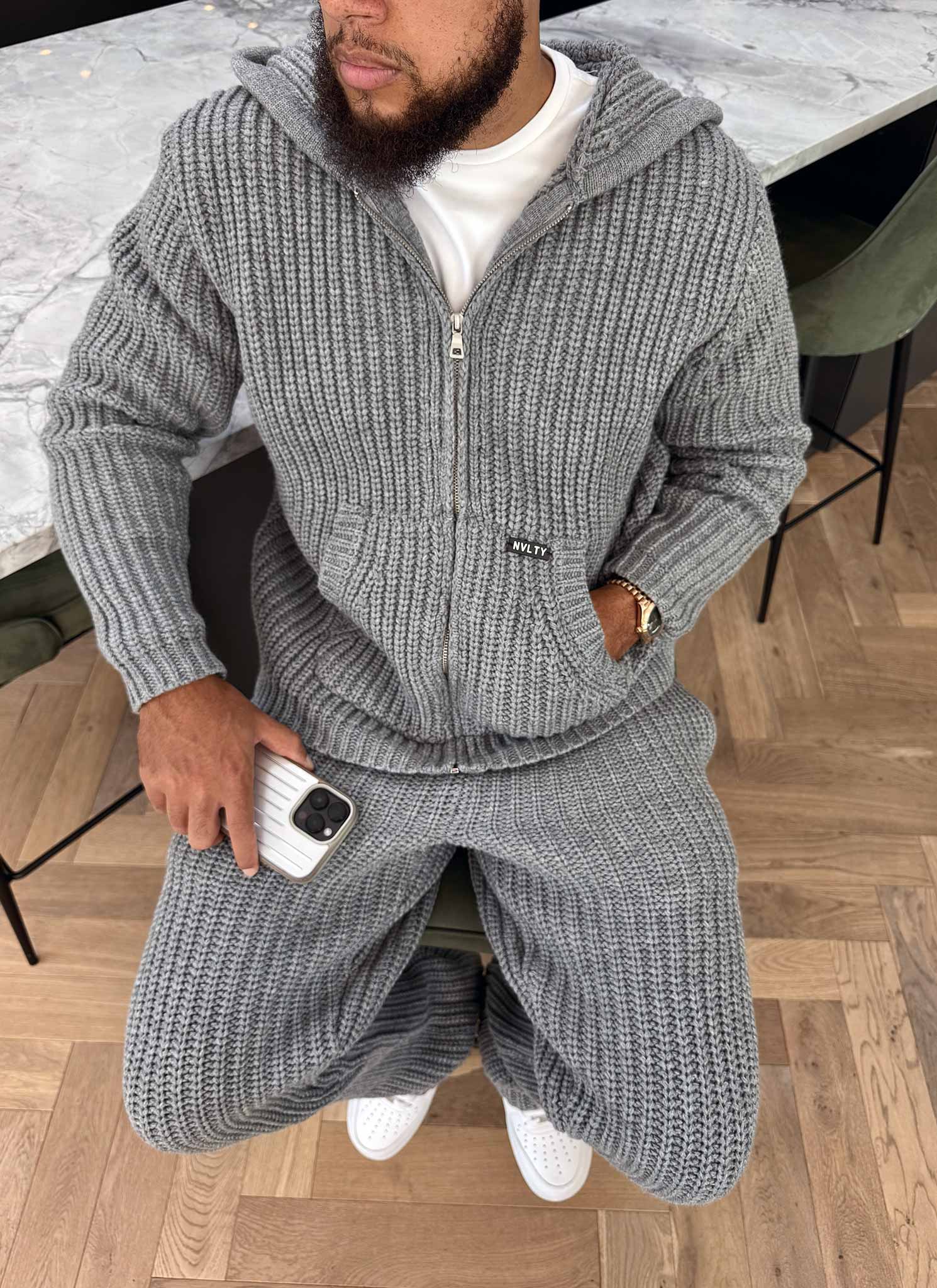 Heavyweight Knitted Zip Hoodie - Grey - Image 6