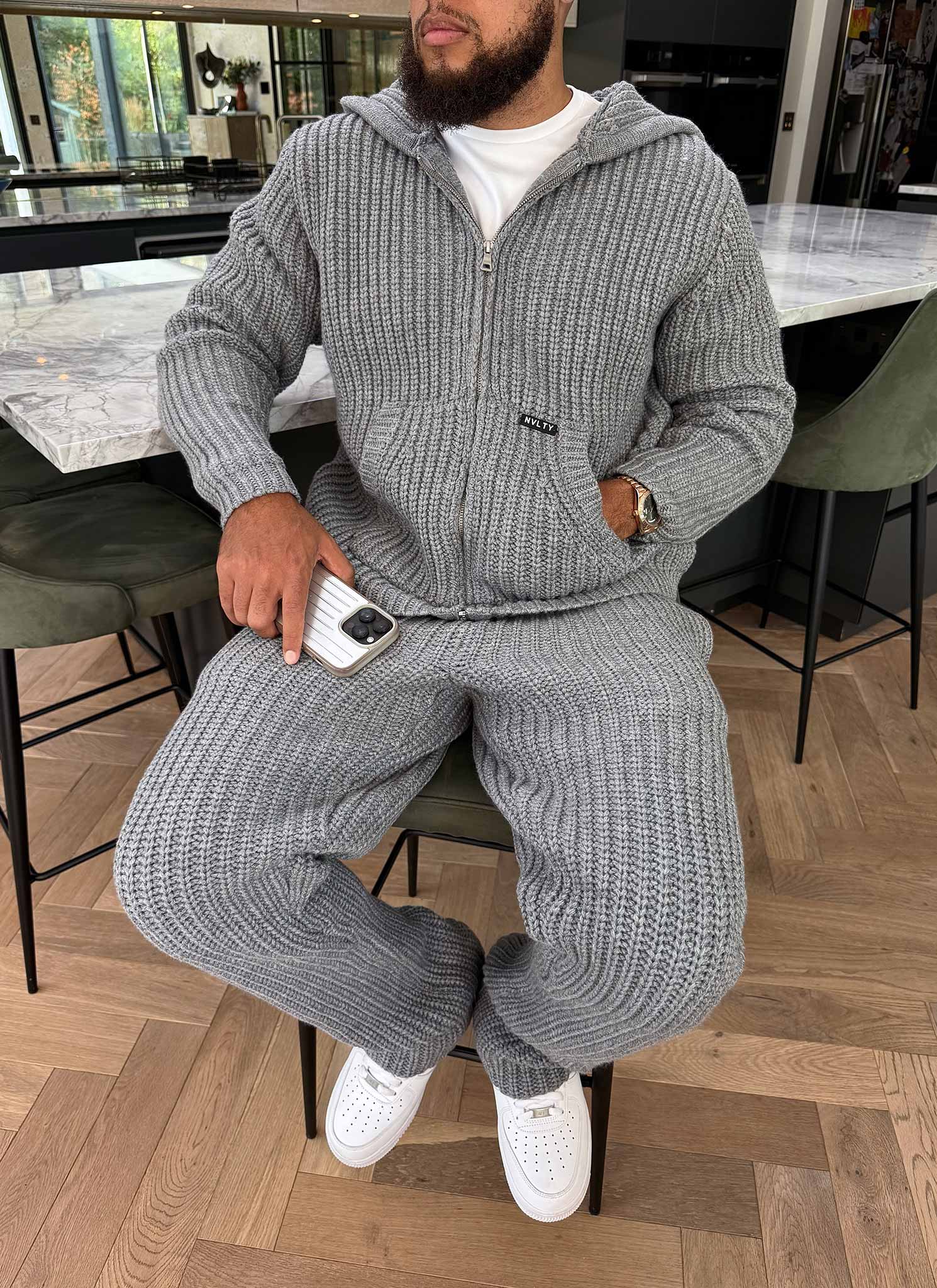 Heavyweight Knitted Zip Hoodie - Grey - Image 8