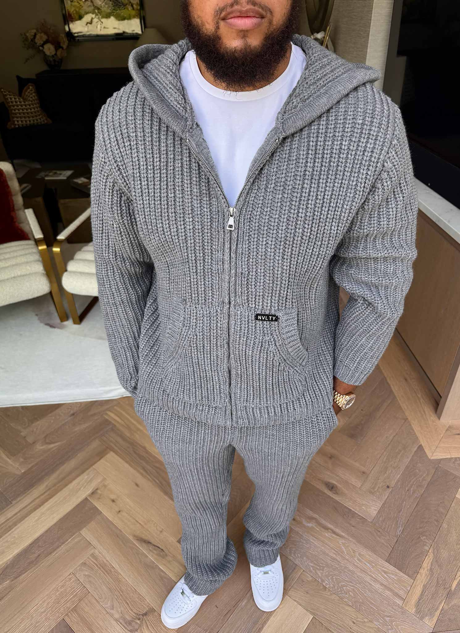Heavyweight Knitted Zip Hoodie - Grey - Image 9