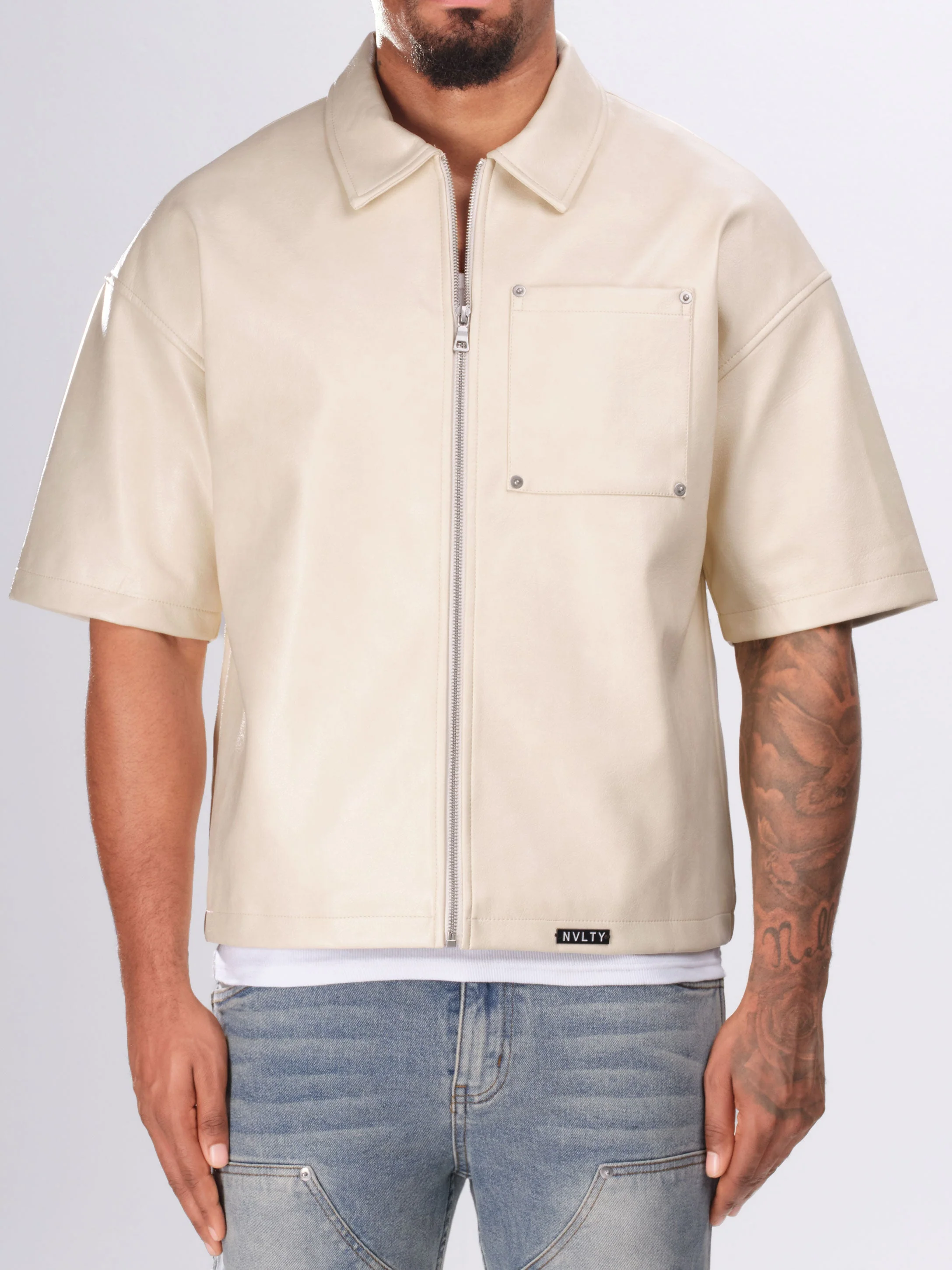 Heavyweight Rivet Leather Shirt - Ivory - Image 5