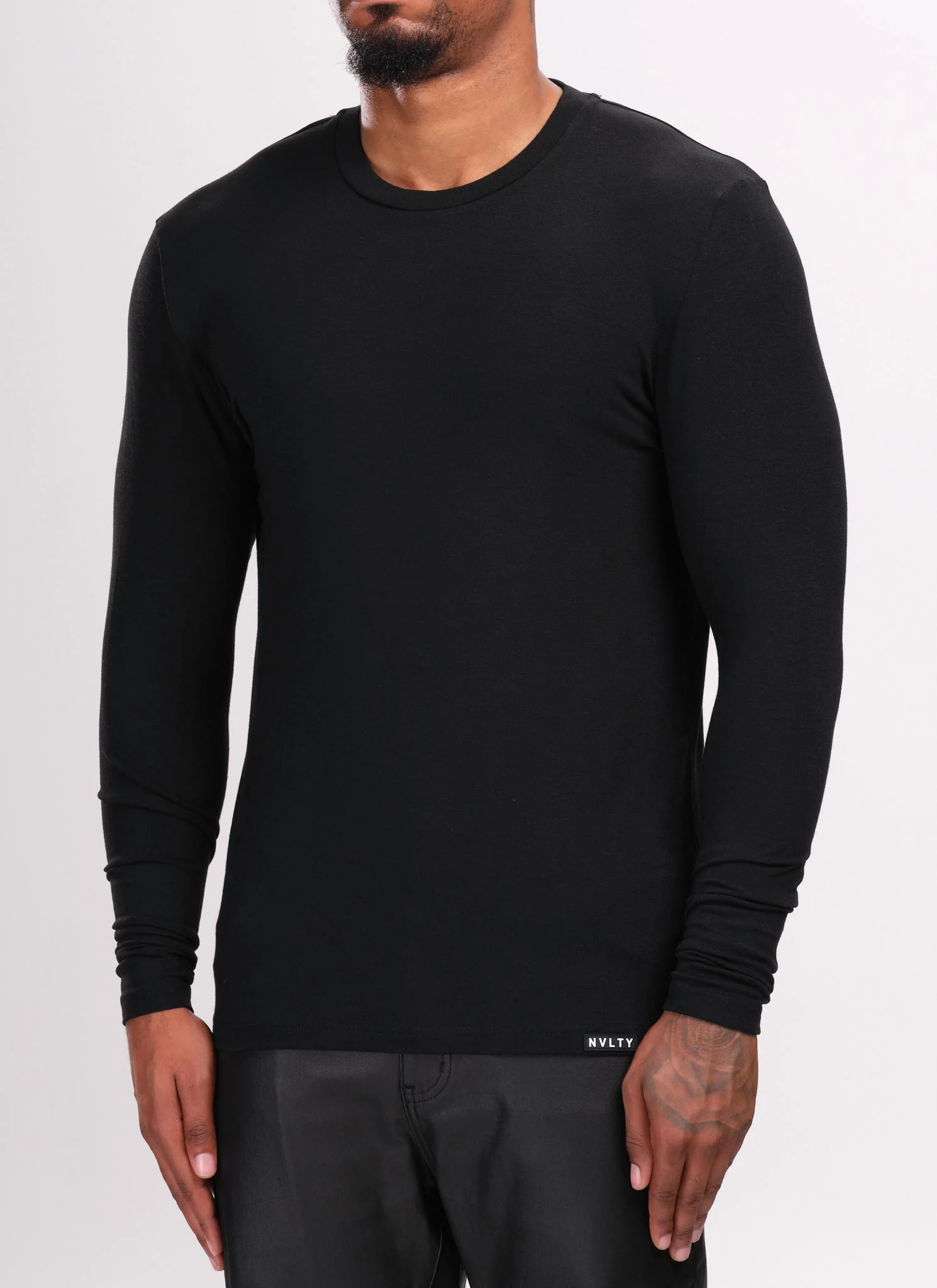 Knit Fitted Long Sleeve T-Shirt - Black - Image 2
