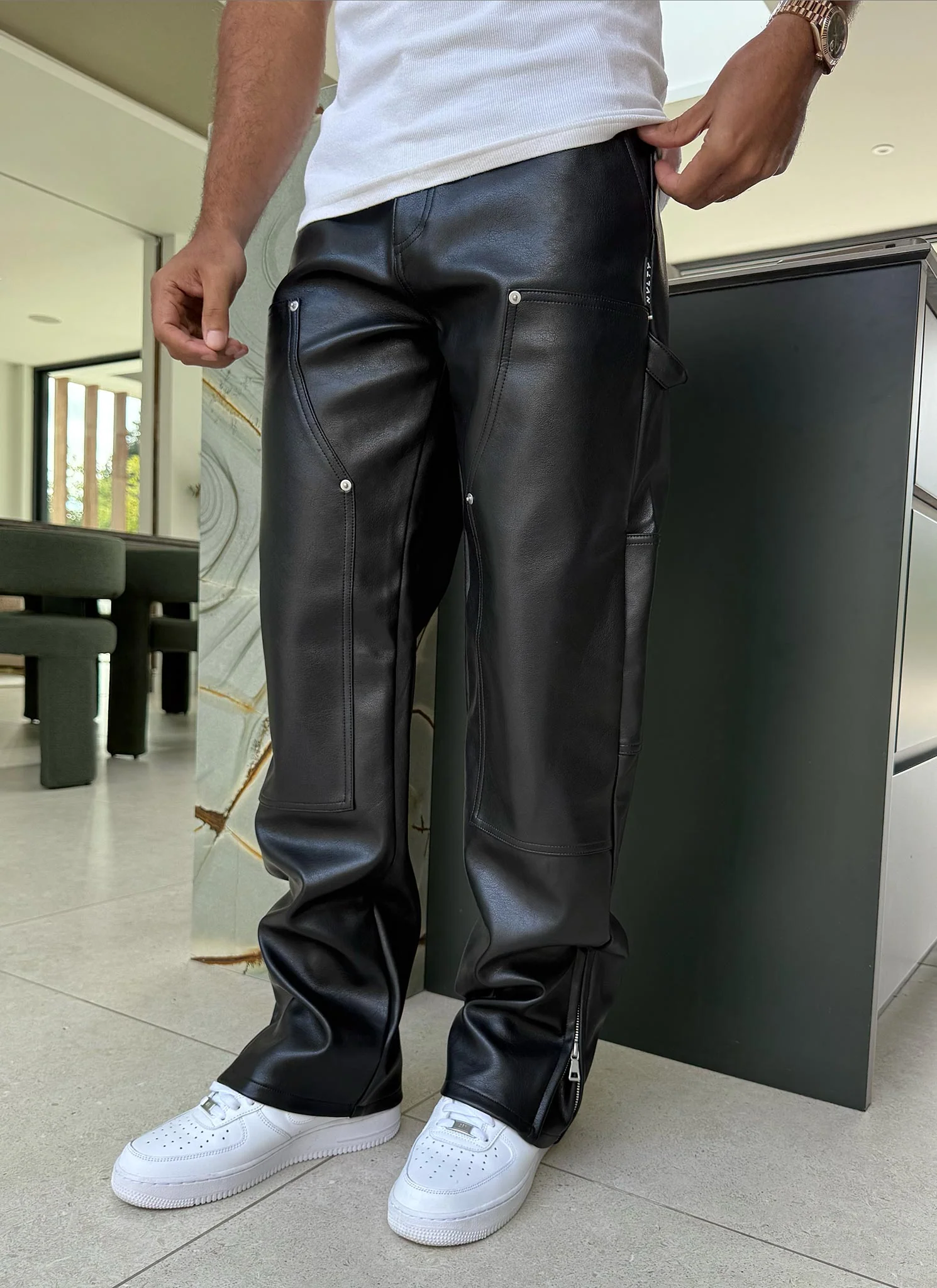 Leather Carpenter Rivet Pants - Black - Image 2