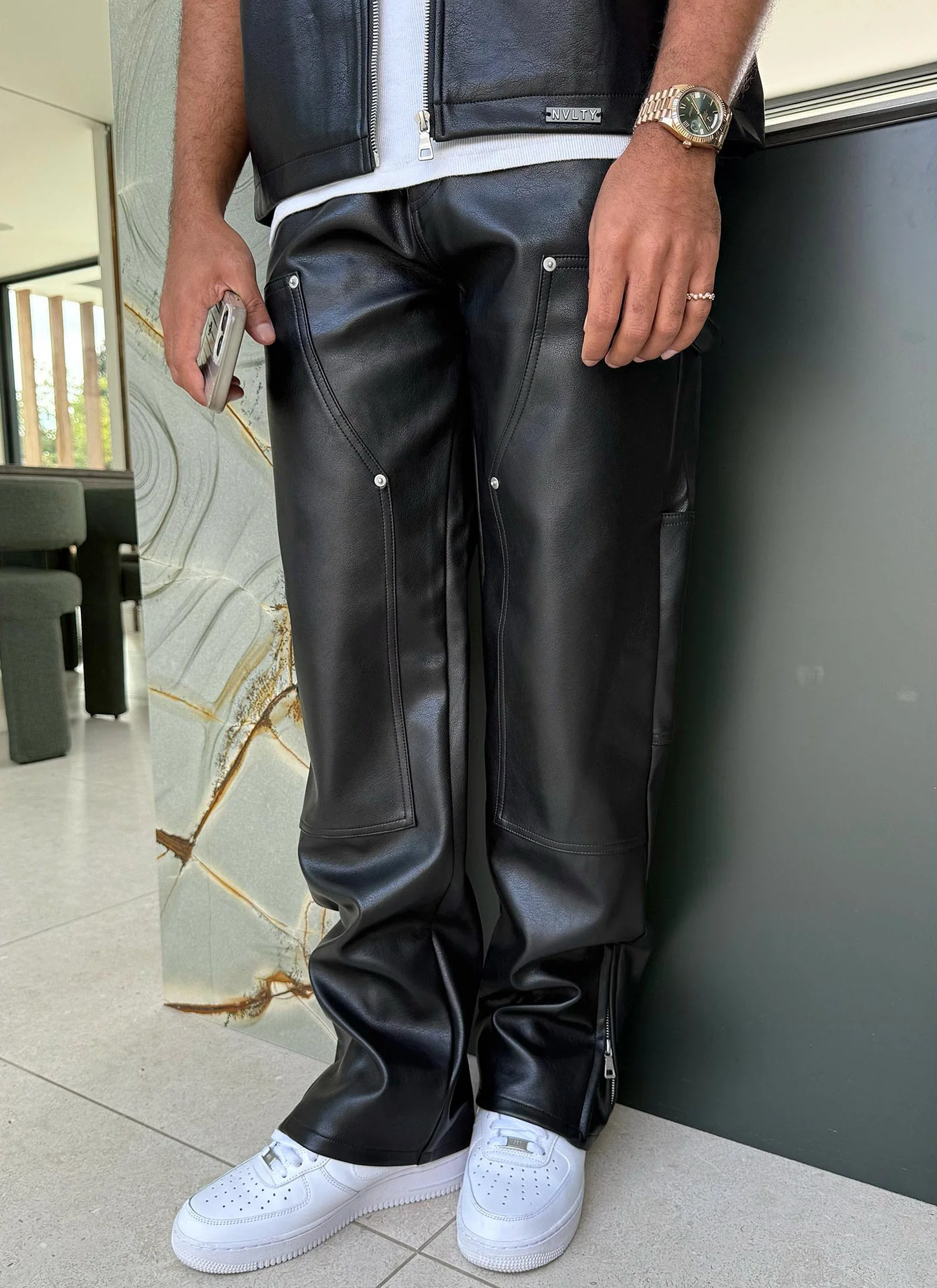 Leather Carpenter Rivet Pants - Black - Image 8