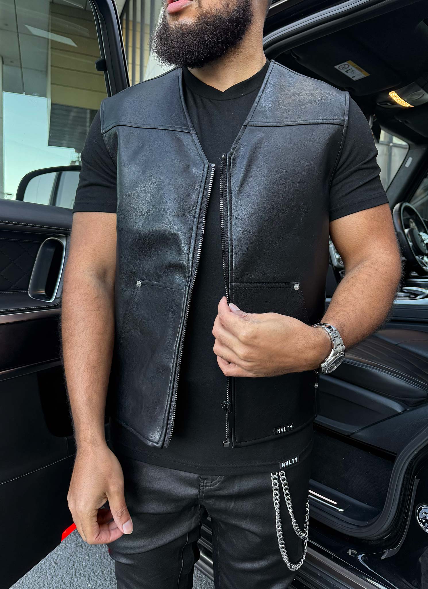 Leather Carpenter Rivet Vest - Black - Image 2