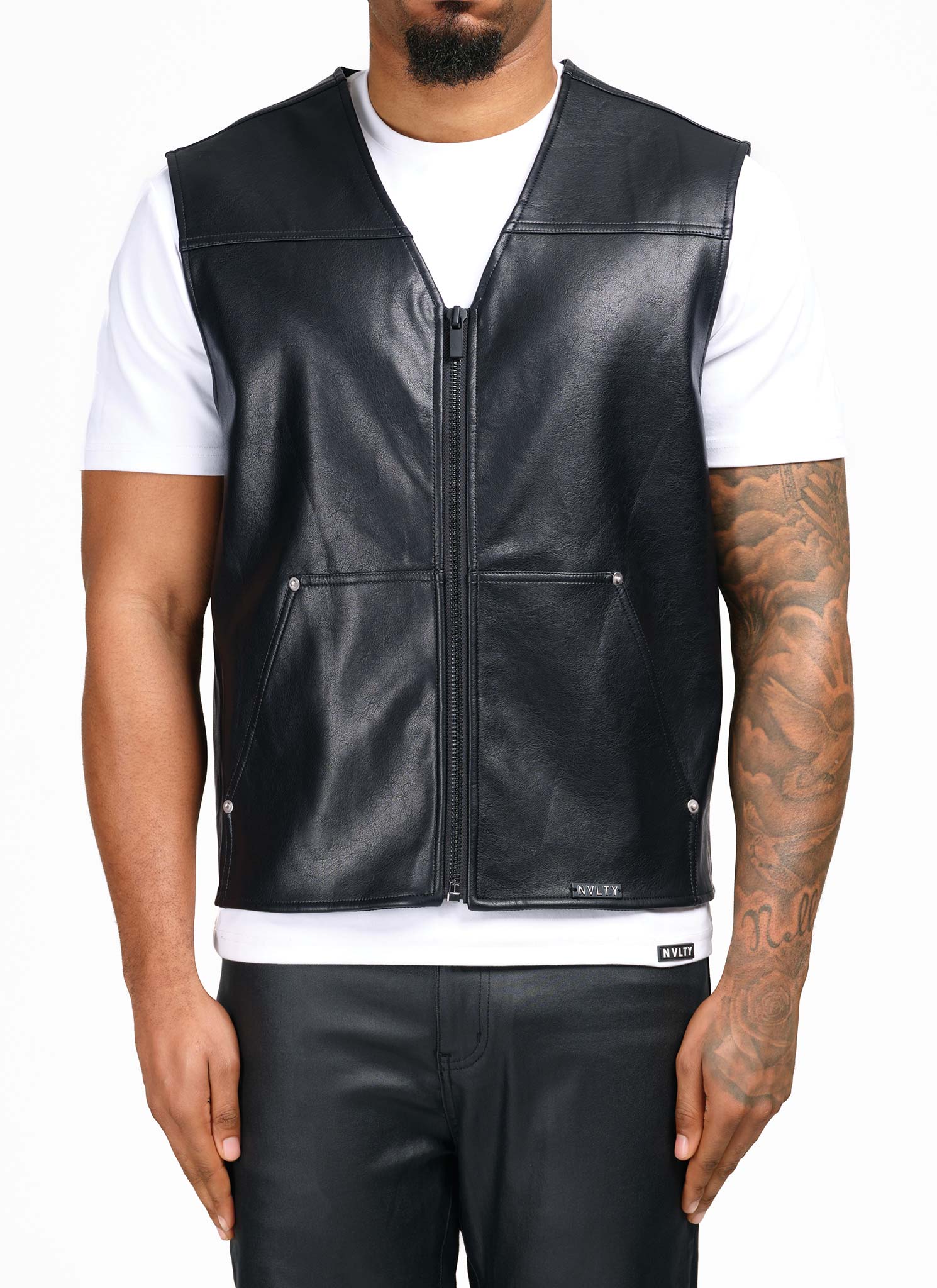 Leather Carpenter Rivet Vest - Black - Image 3