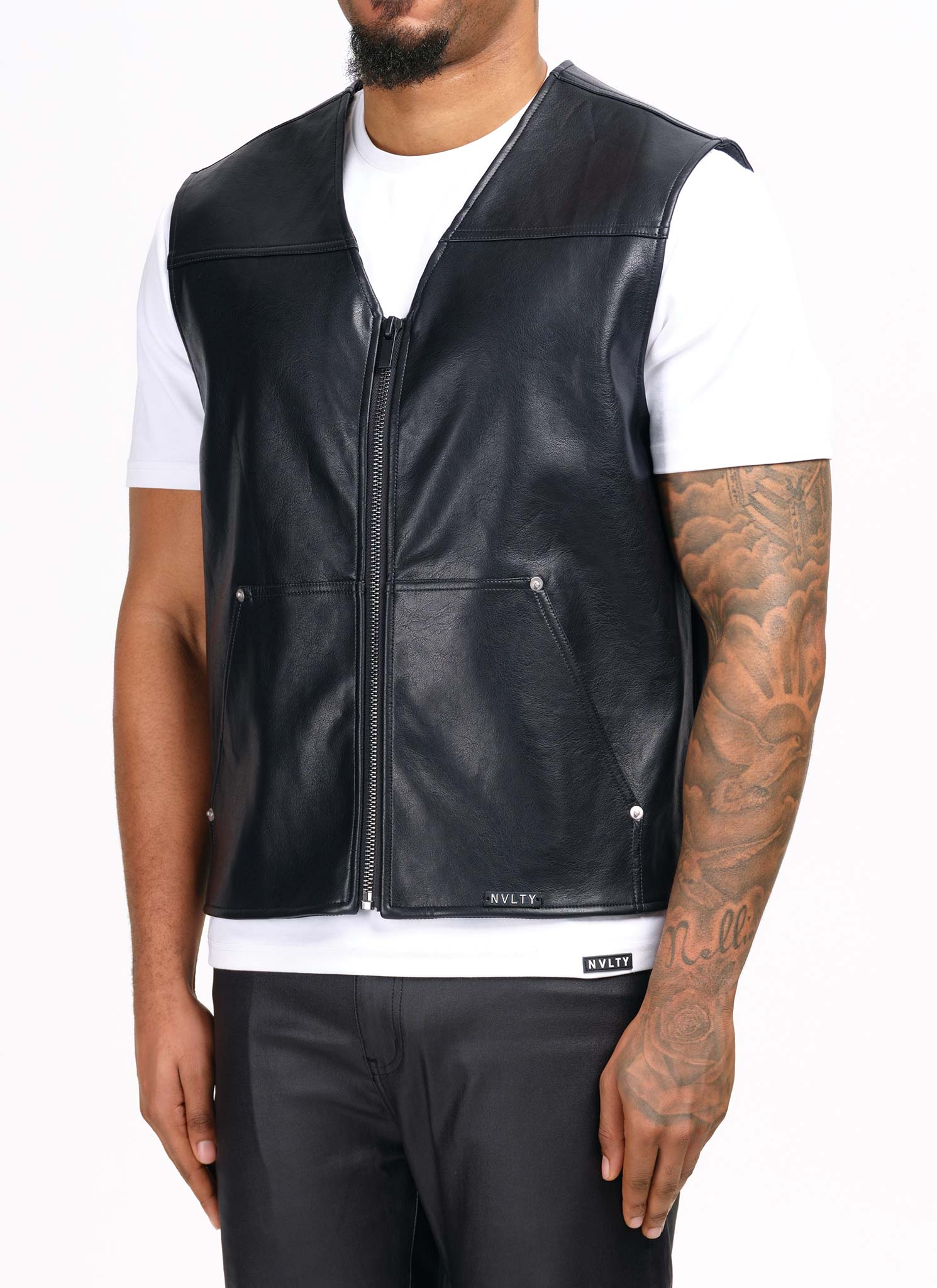 Leather Carpenter Rivet Vest - Black - Image 5