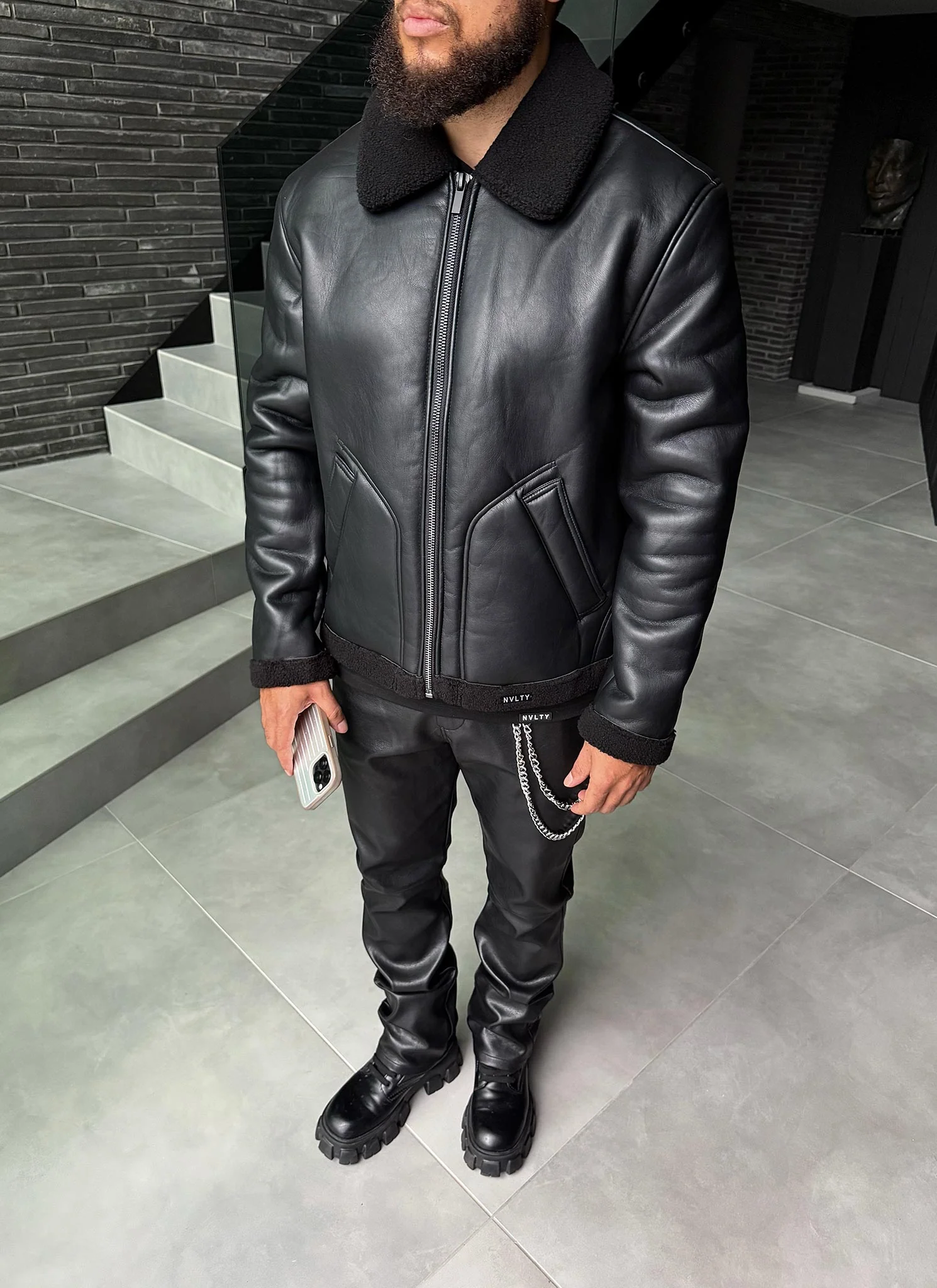 Leather Shearling Jacket - Black - Image 10