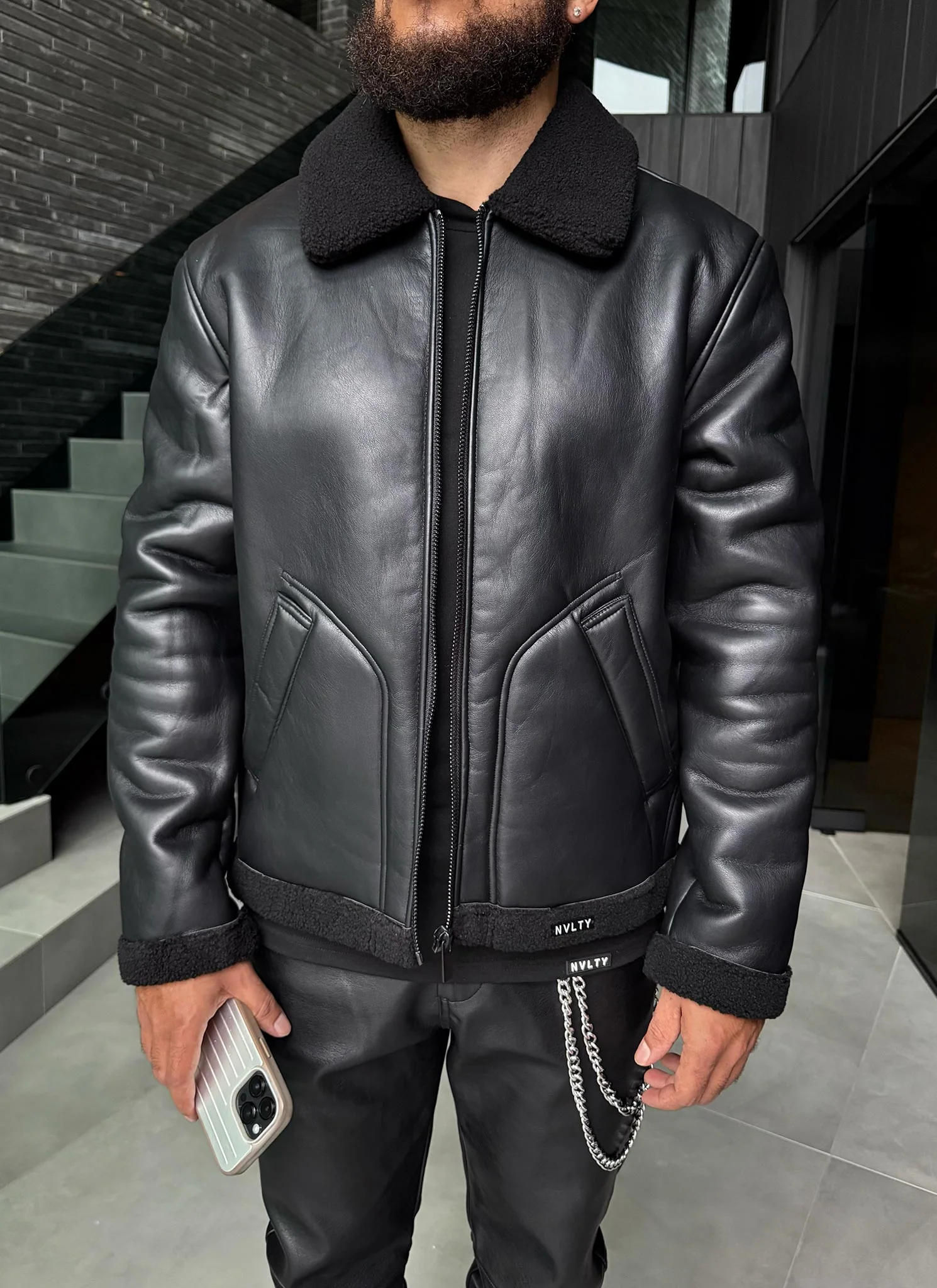 Leather Shearling Jacket - Black - Image 9