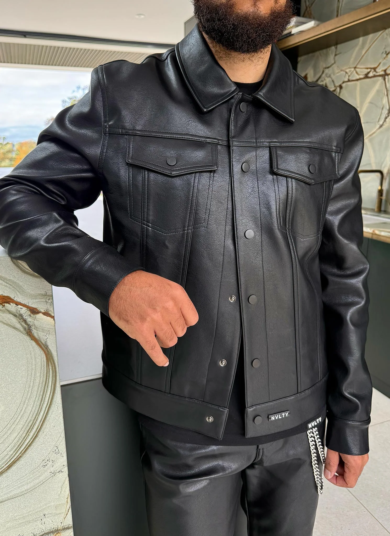 Leather Trucker Jacket - Black - Image 2