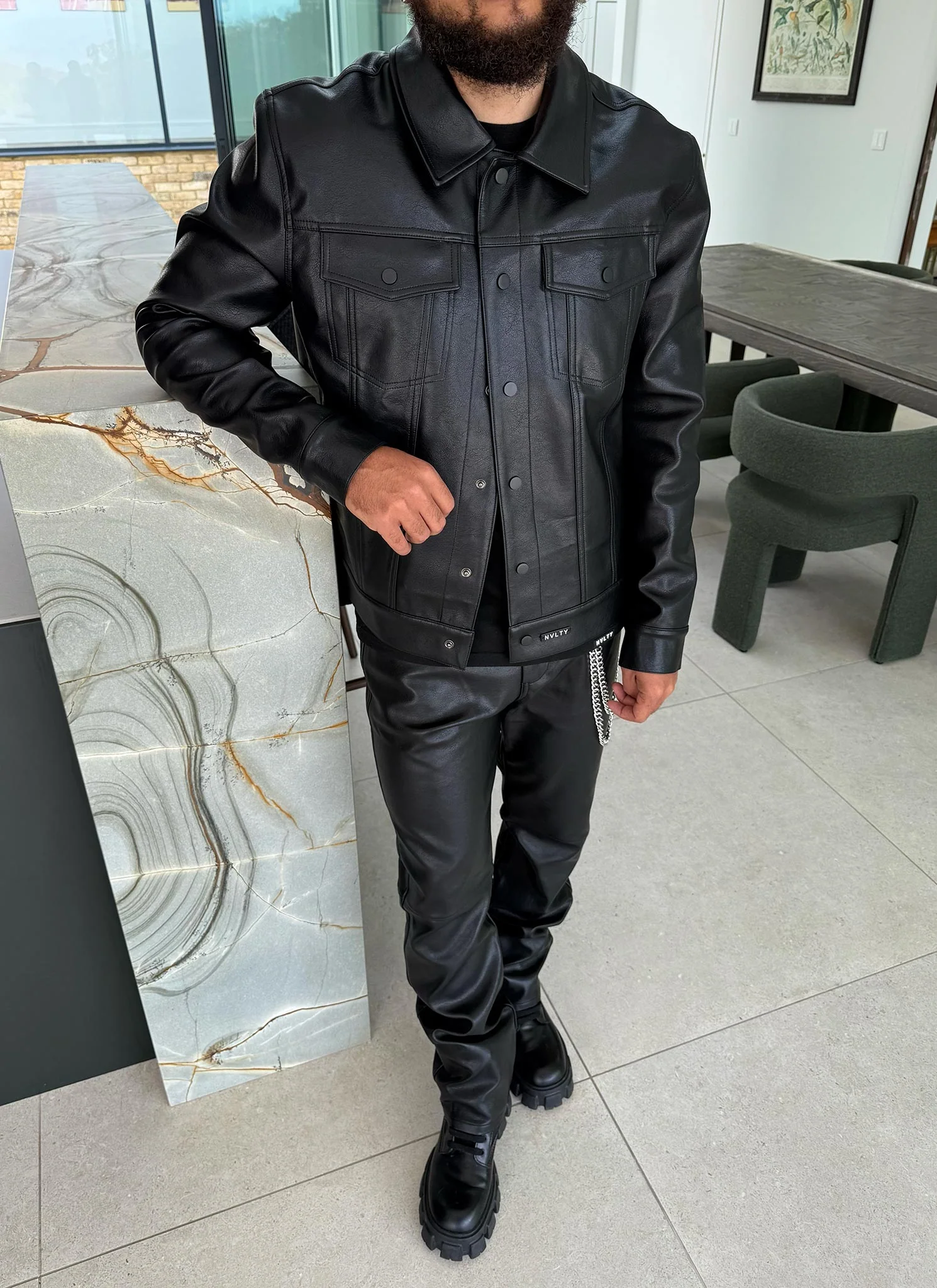 Leather Trucker Jacket - Black - Image 7